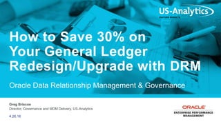 Greg Briscoe
Director, Governance and MDM Delivery, US-Analytics
How to Save 30% on
Your General Ledger
Redesign/Upgrade with DRM
Oracle Data Relationship Management & Governance
4.26.16
 