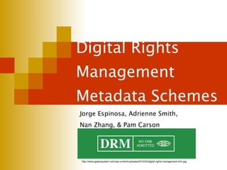 Digital Rights Management Metadata Schemes Jorge Espinosa, Adrienne Smith,  Nan Zhang, & Pam Carson http://www.geekosystem.com/wp-content/uploads/2010/03/digital-rights-management-drm.jpg 