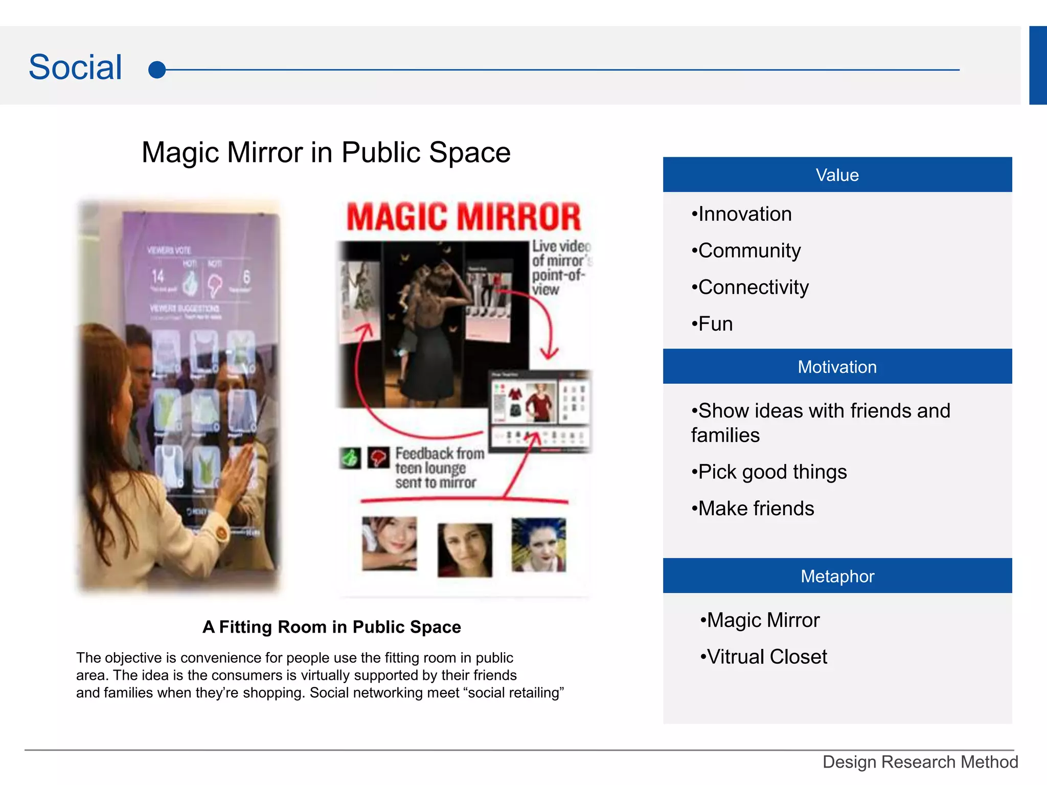 Unique experience Key IssuesA change in thinking Dressed – Up Fitting RoomsRetailers realize that fitting room is No.1 touch point / the moment of decisionTechnologyGet customers deeper, faster and exact information by network systemsEnhance the communication between inside and outside of fitting roomsOldNewSize3-feet by 41/2 feet 5-feet by 6-feet to 11 by  12“flattering” distort appearanceMore realisticMirrorNeutral shadesLighter and brighterColorNoneUpscale photos or picturesArtwork