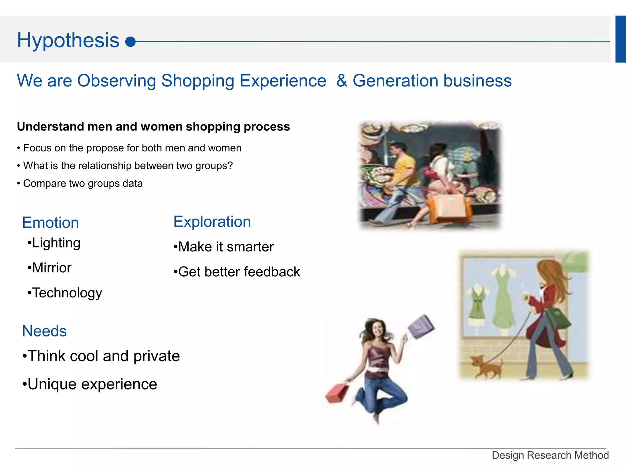 The first touch point for consumersHypothesisProcess/needs based hypothesisWhat the consumer wantsTo change consumers’ experience in fashion store should alter one point of view and focus on their emotional relationConsumer needs a smart and high-tech fitting room. It will help them to collect every itemDeveloping the fitting room and add technology devicesEnlarging fitting room’s space