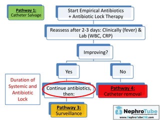 Start Empirical Antibiotics
+ Antibiotic Lock Therapy
Reassess after 2-3 days: Clinically (fever) &
Lab (WBC, CRP)
Improving?
Yes
Continue antibiotics,
then:
Pathway 3:
Surveillance
No
Pathway 4:
Catheter removal
Pathway 1:
Catheter Salvage
Duration of
Systemic and
Antibiotic
Lock
 