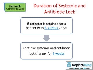 Duration of Systemic and
Antibiotic Lock
Pathway 1:
Catheter Salvage
If catheter is retained for a
patient with S. aureus CRBSI
Continue systemic and antibiotic
lock therapy for 4 weeks
 