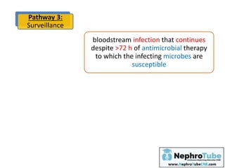 Pathway 3:
Surveillance
bloodstream infection that continues
despite >72 h of antimicrobial therapy
to which the infecting microbes are
susceptible
2 sets of blood cultures obtained on a
given day
 