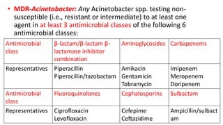 • MDR-Acinetobacter: Any Acinetobacter spp. testing non-
susceptible (i.e., resistant or intermediate) to at least one
agent in at least 3 antimicrobial classes of the following 6
antimicrobial classes:
Antimicrobial
class
β-lactam/β-lactam β-
lactamase inhibitor
combination
Aminoglycosides Carbapenems
Representatives Piperacillin
Piperacillin/tazobactam
Amikacin
Gentamicin
Tobramycin
Imipenem
Meropenem
Doripenem
Antimicrobial
class
Fluoroquinolones Cephalosporins Sulbactam
Representatives Ciprofloxacin
Levofloxacin
Cefepime
Ceftazidime
Ampicillin/sulbact
am
 