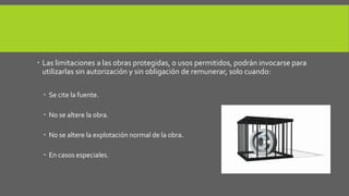  Las limitaciones a las obras protegidas, o usos permitidos, podrán invocarse para 
utilizarlas sin autorización y sin obligación de remunerar, solo cuando: 
 Se cite la fuente. 
 No se altere la obra. 
 No se altere la explotación normal de la obra. 
 En casos especiales. 
 