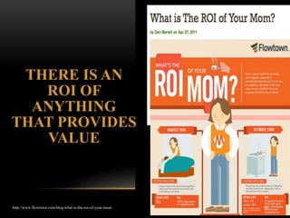 THERE IS AN
       ROI OF
    ANYTHING
THAT PROVIDES
  And there is an ROI
       VALUE
 of your mom, a phone
         and wearing pants



http://www.flowtown.com/blog/what-is-the-roi-of-your-mom   19
 