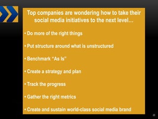 Top companies are wondering how to take their
   social media initiatives to the next level…

• Do more of the right things

• Put structure around what is unstructured

• Benchmark “As Is”

• Create a strategy and plan

• Track the progress

• Gather the right metrics

• Create and sustain world-class social media brand
                                                      23
 