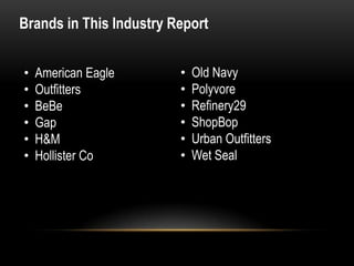 Brands in This Industry Report


•   American Eagle       •   Old Navy
•   Outfitters           •   Polyvore
•   BeBe                 •   Refinery29
•   Gap                  •   ShopBop
•   H&M                  •   Urban Outfitters
•   Hollister Co         •   Wet Seal
 