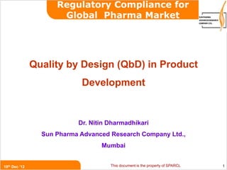 This document is the property of SPARCL
18th Dec ’12 1
Regulatory Compliance for
Global Pharma Market
Dr. Nitin Dharmadhikari
Sun Pharma Advanced Research Company Ltd.,
Mumbai
Quality by Design (QbD) in Product
Development
 