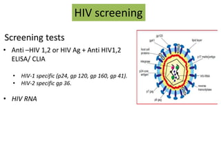 Screening tests
• Anti –HIV 1,2 or HIV Ag + Anti HIV1,2
ELISA/ CLIA
• HIV-1 specific (p24, gp 120, gp 160, gp 41).
• HIV-2 specific gp 36.
• HIV RNA
HIV screening
 