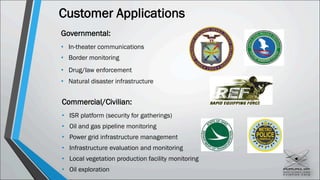 Customer Applications
Governmental:
• In-theater communications
• Border monitoring
• Drug/law enforcement
• Natural disaster infrastructure
Commercial/Civilian:
• ISR platform (security for gatherings)
• Oil and gas pipeline monitoring
• Power grid infrastructure management
• Infrastructure evaluation and monitoring
• Local vegetation production facility monitoring
• Oil exploration
 
