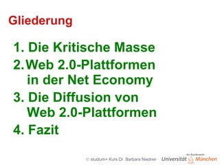 Gliederung 1. Die Kritische Masse 2. Web 2.0-Plattformen in der Net Economy 3. Die Diffusion von  Web 2.0-Plattformen 4. Fazit 