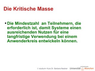Die Kritische Masse Die Mindestzahl  an Teilnehmern, die erforderlich ist, damit Systeme einen ausreichenden Nutzen für eine langfristige Verwendung bei einem Anwenderkreis entwickeln können. 