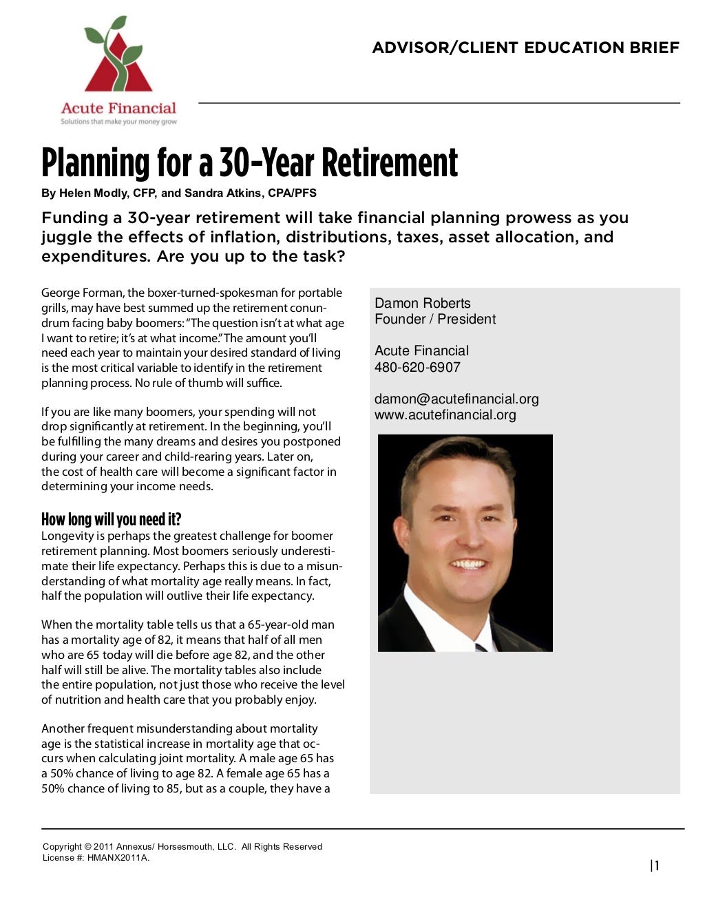 Planning for a 30Year Retirement