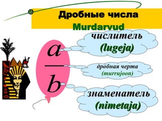 Дробные числа   Murdarvud числитель   ( lugeja ) знаменатель  ( nimetaja)   дробная черта  ( murrujoon) 