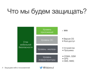 @ValzevulЗащищаем себя и пользователей
Что мы будем защищать?
4
Стэк
мобильной
безопасности
Уровень
инфраструктуры
• CDMA, GSM
• GPS
• SMS, MMS
Уровень «железа»
• Устройство
• Прошивка
Уровень ОС
• Версия OS
• Root-доступ
Уровень
приложений
• ???
 