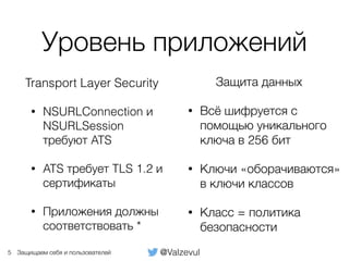 @ValzevulЗащищаем себя и пользователей
Уровень приложений
Transport Layer Security
• NSURLConnection и
NSURLSession
требуют ATS
• ATS требует TLS 1.2 и
сертификаты
• Приложения должны
соответствовать *
5
Защита данных
• Всё шифруется с
помощью уникального
ключа в 256 бит
• Ключи «оборачиваются»
в ключи классов
• Класс = политика
безопасности
 