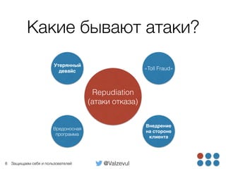@ValzevulЗащищаем себя и пользователей
Repudiation
Какие бывают атаки?
8
Repudiation 
(атаки отказа)
«Toll Fraud»
Внедрение
на стороне
клиента
Утерянный
девайс
Вредоносная
программа
 