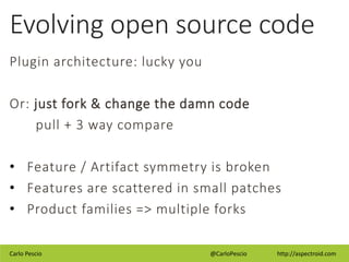 Carlo Pescio @CarloPescio http://aspectroid.com
Evolving open source code
Plugin architecture: lucky you
Or: just fork & c...
