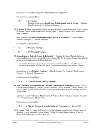 21 jun 2015 Descendentes de Dom Rodrigo Diaz de Bivar El Cid Página 11
Brites casou-se com Dom Gonçalo Coutinho Conde de Marialva186,187
.
Eles tiveram os seguintes filhos
48 F i. D. Catarina188
.
Catarina casou-se com Dom Gracia de Eça Alcaide-mor de Moura189,190
, filho de
Dom Fernando de Eça Senhor de Bragança e N....
33.D. Branca de Melo191
(Briolanja de Souza, Maria de Briteiros, Leonor de Briteiros, Urraca, Afonso
III, Urraca, Afonso VIII Rei de Castela, Branca, Garcia IV Rei de Navarra, Elvira Rodrigues de
Bivar, Rodrigo).
Branca casou-se com Dom Fernando Henriques Senhor de Alcacovas192,193,194
, filho de Dom
Fernando Henriques e D. Leonor Sarmiento.
Eles tiveram os seguintes filhos
+ 49 F i. D. Izabel Henriques.
+ 50 F ii. D. Briolanja Henriques.
34.Gomes Freire de Andrade Senhor de Bobadella195,196
(Catarina de Souza, Maria de Briteiros,
Leonor de Briteiros, Urraca, Afonso III, Urraca, Afonso VIII Rei de Castela, Branca, Garcia IV Rei
de Navarra, Elvira Rodrigues de Bivar, Rodrigo).
Foi Senhor de Bobadella e Julgado do Lago e as outras terras na Província da Beira e Cova de Travanca e
achou-se no desterramento de Tangere onde morreo, e tinha passado a Alemanha com a Imperatriz D.Leonor.
Gomes casou-se com D. Izabel Coutinho197,198
, filha de Gonçalo Vaz Coutinho Alcaide-mor de
Trancoso e D. Joana de Albuquerque.
Eles tiveram os seguintes filhos
+ 51 M i. Nuno Fernandes Freire de Andrade.
35.João Teixeira de Macedo Senhor de Teixeira e Alcaide-mor de Montalegre199
(Pedro Teixeira,
Catarina Annes de Berredo, Gonçalo Annes de Briteiros, Urraca, Afonso III, Urraca, Afonso VIII
Rei de Castela, Branca, Garcia IV Rei de Navarra, Elvira Rodrigues de Bivar, Rodrigo) nasceu 200
dd/mm/1440.
João casou-se com Violante de Barros201
, filha de Pedro de Barros Senhor do Morgado do Outeiro
e N.... Violante nasceu 202
dd/mm/1460.
Eles tiveram os seguintes filhos
+ 52 M i. Martim Teixeira de Macedo Senhor de Teixeira nasceu dd/mm/1480.
36.D. Leonor Pereira203,204
(João Rodrigues Pereira, Maria Gonçalves de Berredo, Gonçalo Annes de
Briteiros, Urraca, Afonso III, Urraca, Afonso VIII Rei de Castela, Branca, Garcia IV Rei de
Navarra, Elvira Rodrigues de Bivar, Rodrigo).
 