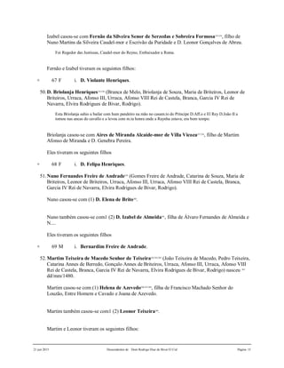 21 jun 2015 Descendentes de Dom Rodrigo Diaz de Bivar El Cid Página 15
Izabel casou-se com Fernão da Silveira Senor de Serzedas e Sobreira Formosa253,254
, filho de
Nuno Martins da Silveira Caudel-mor e Escrivão da Puridade e D. Leonor Gonçalves de Abreu.
Foi Regedor das Justissas, Caudel-mor do Reyno, Embaixador a Roma.
Fernão e Izabel tiveram os seguintes filhos:
+ 67 F i. D. Violante Henriques.
50.D. Briolanja Henriques255,256
(Branca de Melo, Briolanja de Souza, Maria de Briteiros, Leonor de
Briteiros, Urraca, Afonso III, Urraca, Afonso VIII Rei de Castela, Branca, Garcia IV Rei de
Navarra, Elvira Rodrigues de Bivar, Rodrigo).
Esta Briolanja sahio a bailar com hum pandeiro na mão no casam.to do Príncipe D.Aff.o e El Rey D.João II a
tomou nas ancas do cavallo e a levou com m.ta honra onde a Raynha estava; era bom tempo.
Briolanja casou-se com Aires de Miranda Alcaide-mor de Villa Vicoza257,258
, filho de Martim
Afonso de Miranda e D. Genebra Pereira.
Eles tiveram os seguintes filhos
+ 68 F i. D. Felipa Henriques.
51.Nuno Fernandes Freire de Andrade259
(Gomes Freire de Andrade, Catarina de Souza, Maria de
Briteiros, Leonor de Briteiros, Urraca, Afonso III, Urraca, Afonso VIII Rei de Castela, Branca,
Garcia IV Rei de Navarra, Elvira Rodrigues de Bivar, Rodrigo).
Nuno casou-se com (1) D. Elena de Brito260
.
Nuno também casou-se com1 (2) D. Izabel de Almeida261
, filha de Álvaro Fernandes de Almeida e
N....
Eles tiveram os seguintes filhos
+ 69 M i. Bernardim Freire de Andrade.
52.Martim Teixeira de Macedo Senhor de Teixeira262,263,264
(João Teixeira de Macedo, Pedro Teixeira,
Catarina Annes de Berredo, Gonçalo Annes de Briteiros, Urraca, Afonso III, Urraca, Afonso VIII
Rei de Castela, Branca, Garcia IV Rei de Navarra, Elvira Rodrigues de Bivar, Rodrigo) nasceu 265
dd/mm/1480.
Martim casou-se com (1) Helena de Azevedo266,267,268
, filha de Francisco Machado Senhor do
Louzão, Entre Homem e Cavado e Joana de Azevedo.
Martim também casou-se com1 (2) Leonor Teixeira269
.
Martim e Leonor tiveram os seguintes filhos:
 