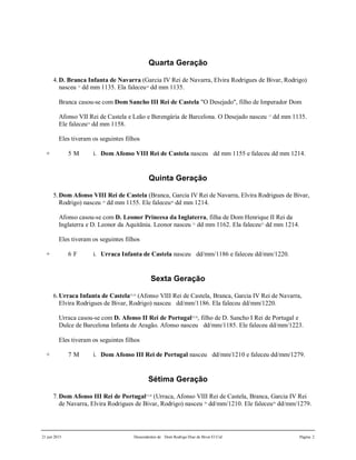 21 jun 2015 Descendentes de Dom Rodrigo Diaz de Bivar El Cid Página 2
Quarta Geração
4.D. Branca Infanta de Navarra (Garcia IV Rei de Navarra, Elvira Rodrigues de Bivar, Rodrigo)
nasceu 15
dd mm 1135. Ela faleceu16
dd mm 1135.
Branca casou-se com Dom Sancho III Rei de Castela "O Desejado", filho de Imperador Dom
Afonso VII Rei de Castela e Leão e Berengária de Barcelona. O Desejado nasceu 17
dd mm 1135.
Ele faleceu18
dd mm 1158.
Eles tiveram os seguintes filhos
+ 5 M i. Dom Afonso VIII Rei de Castela nasceu dd mm 1155 e faleceu dd mm 1214.
Quinta Geração
5.Dom Afonso VIII Rei de Castela (Branca, Garcia IV Rei de Navarra, Elvira Rodrigues de Bivar,
Rodrigo) nasceu 19
dd mm 1155. Ele faleceu20
dd mm 1214.
Afonso casou-se com D. Leonor Princesa da Inglaterra, filha de Dom Henrique II Rei da
Inglaterra e D. Leonor da Aquitânia. Leonor nasceu 21
dd mm 1162. Ela faleceu22
dd mm 1214.
Eles tiveram os seguintes filhos
+ 6 F i. Urraca Infanta de Castela nasceu dd/mm/1186 e faleceu dd/mm/1220.
Sexta Geração
6.Urraca Infanta de Castela23,24
(Afonso VIII Rei de Castela, Branca, Garcia IV Rei de Navarra,
Elvira Rodrigues de Bivar, Rodrigo) nasceu dd/mm/1186. Ela faleceu dd/mm/1220.
Urraca casou-se com D. Afonso II Rei de Portugal25,26
, filho de D. Sancho I Rei de Portugal e
Dulce de Barcelona Infanta de Aragão. Afonso nasceu dd/mm/1185. Ele faleceu dd/mm/1223.
Eles tiveram os seguintes filhos
+ 7 M i. Dom Afonso III Rei de Portugal nasceu dd/mm/1210 e faleceu dd/mm/1279.
Sétima Geração
7.Dom Afonso III Rei de Portugal27,28
(Urraca, Afonso VIII Rei de Castela, Branca, Garcia IV Rei
de Navarra, Elvira Rodrigues de Bivar, Rodrigo) nasceu 29
dd/mm/1210. Ele faleceu30
dd/mm/1279.
 