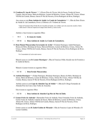 21 jun 2015 Descendentes de Dom Rodrigo Diaz de Bivar El Cid Página 24
84.Condessa D. Ana de Távora377,378,379
(Álvaro Pires de Távora, Inês de Souza, Fernão de Souza
Camelo, Inês de Souza, Maria de Briteiros, Leonor de Briteiros, Urraca, Afonso III, Urraca, Afonso
VIII Rei de Castela, Branca, Garcia IV Rei de Navarra, Elvira Rodrigues de Bivar, Rodrigo).
Ana casou-se com Dom Antônio de Ataíde 1.o Conde de Castanheira380,381,382
, filho de Dom Álvaro
de Ataíde Sr. da Castanheira, Povos e Chileiros e D. Violante de Távora.
Vedor de Fazenda do Rey D.João III, do Concelho de Estado, m.to vallido e por esta cauza deu ocasião a Satira
e della nasceo a fama de impureza de sangue desta família q. nunca existiu.
Antônio e Ana tiveram os seguintes filhos:
+ 99 F i. D. Joana de Ataíde.
+ 100 M ii. Dom Antônio de Ataíde 2.o Conde de Castanheira.
85.Dom Manoel Mascarenhas Governador de Arzila383
(Violante Henriques, Izabel Henriques,
Branca de Melo, Briolanja de Souza, Maria de Briteiros, Leonor de Briteiros, Urraca, Afonso III,
Urraca, Afonso VIII Rei de Castela, Branca, Garcia IV Rei de Navarra, Elvira Rodrigues de Bivar,
Rodrigo).
Foi Comendador de Arzila onde morreo.
Manoel casou-se com D. Leonor Henriques384
, filha de Francisco Palha Alcaide-mor de Fronteira e
D. Izabel de Barros.
Manoel e Leonor tiveram os seguintes filhos:
+ 101 M i. Dom Fernão Mascarenhas.
86.Antônia Henriques385,386
(Felipa Henriques, Briolanja Henriques, Branca de Melo, Briolanja de
Souza, Maria de Briteiros, Leonor de Briteiros, Urraca, Afonso III, Urraca, Afonso VIII Rei de
Castela, Branca, Garcia IV Rei de Navarra, Elvira Rodrigues de Bivar, Rodrigo).
Antônia casou-se com Lopo de Almeida Cap. de Sofala387,388
, filho de D. Diogo Fernandes de
Almeida Prior de Crato e Ines Velles de Arouches.
Eles tiveram os seguintes filhos
+ 102 M i. Dom Antônio de Almeida Cap.Mor do Mar da Índia.
87.Gomes Freire de Andrade389
(Bernardim Freire de Andrade, Nuno Fernandes Freire de Andrade,
Gomes Freire de Andrade, Catarina de Souza, Maria de Briteiros, Leonor de Briteiros, Urraca,
Afonso III, Urraca, Afonso VIII Rei de Castela, Branca, Garcia IV Rei de Navarra, Elvira
Rodrigues de Bivar, Rodrigo).
Gomes casou-se com D. Izabel Godins de Miranda390
, filha de Francisco Lopes de Miranda e D.
Leonor Godinho.
 