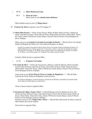 21 jun 2015 Descendentes de Dom Rodrigo Diaz de Bivar El Cid Página 26
+ 108 M ii. Heitor Barboza de Lima.
109 F iii. Maria de Lima410
.
Maria casou-se com Antonio Soares Barboza411
.
Maria também casou-se com1 (2) Diogo Soares412
.
92. Francisco de Abreu é impresso como #83 à página 19.
93.Maria Pinto Pereira413,414
(Nuno Álvares Pereira, Meliza de Melo, Brites de Souza, Aldonça de
Souza, Lopo Dias de Souza, Álvaro Dias de Souza, Diogo Afonso de Souza, Afonso Dinis, Afonso
III, Urraca, Afonso VIII Rei de Castela, Branca, Garcia IV Rei de Navarra, Elvira Rodrigues de
Bivar, Rodrigo).
Maria casou-se com Gonçalo Vaz Guedes Governador do Brasil415,416
, filho de Álvaro Vaz Guedes
Senhor do Morgado da Sobreira e D. Ana Isabel de Mesquita, em Murça.
Gonçalo Vaz Guedes, Governador do Brasil, filho de Álvaro Vaz Guedes, Senhor do Morgado de Sobreira e D.
Isabel de Mesquita no tt.o Guedes, parag.6, N7. A Corog. Port., Tomo 3.o, pag.563, faz Gonçalo Vaz Guedes,
filho de Pedro Vaz Guedes, Sr. de Murça. Outros fizeram Gonçalo Vaz Guedes filho de Gonçalo Vaz Guedes,
Sr. de Murça, tt.o de Guedes, parag.3, N2. Felgueiras Gayo seguiu a primeira filiação.
Gonçalo e Maria tiveram os seguintes filhos:
+ 111 M i. Francisco Vaz Guedes.
94.D. Joana da Silva330,331
(Afonso de Vasconcelos e Menezes, Izabel de Menezes, Brites Coutinho,
Leonor Lopes de Souza, Lopo Dias de Souza, Álvaro Dias de Souza, Diogo Afonso de Souza,
Afonso Dinis, Afonso III, Urraca, Afonso VIII Rei de Castela, Branca, Garcia IV Rei de Navarra,
Elvira Rodrigues de Bivar, Rodrigo).
Joana casou-se com Álvaro Pires de Távora 2. Senhor de Mogadouro327,328,329
, filho de Pedro
Lourenço da Távora Senhor do Mogadouro e Inês de Souza.
Foi Senhor de Mogadouro e S.João da Pesqueira, Alcaide-mor de Miranda, Comendador da Comenda Grande
de St.a Maria de Castello Branco na ordem de X.o.
Álvaro e Joana tiveram os seguintes filhos:
95.Francisco de Caldas e Souza e Faria297,298
(Izabel Rodrigues de Faria, Rodrigo de Faria, João
Álvares de Faria, Maria de Souza, Lopo Dias de Souza, Álvaro Dias de Souza, Diogo Afonso de
Souza, Afonso Dinis, Afonso III, Urraca, Afonso VIII Rei de Castela, Branca, Garcia IV Rei de
Navarra, Elvira Rodrigues de Bivar, Rodrigo).
Francisco casou-se com299
Felipa Lima e Abreu295,296
, filha de Dom João Gomes de Abreu e Joana de
Melo Senhora da Casa de Anquião.
Eles tiveram os seguintes filhos
 