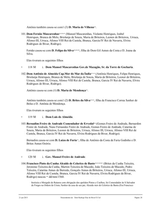 21 jun 2015 Descendentes de Dom Rodrigo Diaz de Bivar El Cid Página 28
Antônio também casou-se com1 (3) D. Maria de Vilhena444
.
101.Dom Fernão Mascarenhas445,446,447
(Manoel Mascarenhas, Violante Henriques, Izabel
Henriques, Branca de Melo, Briolanja de Souza, Maria de Briteiros, Leonor de Briteiros, Urraca,
Afonso III, Urraca, Afonso VIII Rei de Castela, Branca, Garcia IV Rei de Navarra, Elvira
Rodrigues de Bivar, Rodrigo).
Fernão casou-se com D. Felipa da Silva448,449,450
, filha de Dom Gil Annes da Costa e D. Joana da
Silva.
Eles tiveram os seguintes filhos
+ 118 M i. Dom Manoel Mascarenhas Gov.de Mazagão, Sr. da Torre de Gocharia.
102.Dom Antônio de Almeida Cap.Mor do Mar da Índia451,452
(Antônia Henriques, Felipa Henriques,
Briolanja Henriques, Branca de Melo, Briolanja de Souza, Maria de Briteiros, Leonor de Briteiros,
Urraca, Afonso III, Urraca, Afonso VIII Rei de Castela, Branca, Garcia IV Rei de Navarra, Elvira
Rodrigues de Bivar, Rodrigo).
Antônio casou-se com (1) D. Maria de Mendonça453
.
Antônio também casou-se com1 (2) D. Brites da Silva454,455
, filha de Francisco Correa Senhor de
Belas e D. Antônia de Mendonça.
Eles tiveram os seguintes filhos
+ 119 M i. Dom Luis de Almeida.
103.Bernadim Freire de Andrade Comendador de Ervedal456
(Gomes Freire de Andrade, Bernardim
Freire de Andrade, Nuno Fernandes Freire de Andrade, Gomes Freire de Andrade, Catarina de
Souza, Maria de Briteiros, Leonor de Briteiros, Urraca, Afonso III, Urraca, Afonso VIII Rei de
Castela, Branca, Garcia IV Rei de Navarra, Elvira Rodrigues de Bivar, Rodrigo).
Bernadim casou-se com D. Luiza de Faria457
, filha de Antônio da Costa de Faria Godinho e D.
Brites Annes Ozório.
Eles tiveram os seguintes filhos
+ 120 M i. Gov. Manoel Freire de Andrade.
104.Francisco Pinto da Cunha Alcaide de Celorico de Basto458,459,460,461
(Brites da Cunha Teixeira,
Jeronimo Teixeira da Cunha, Martim Teixeira de Macedo, João Teixeira de Macedo, Pedro
Teixeira, Catarina Annes de Berredo, Gonçalo Annes de Briteiros, Urraca, Afonso III, Urraca,
Afonso VIII Rei de Castela, Branca, Garcia IV Rei de Navarra, Elvira Rodrigues de Bivar,
Rodrigo) nasceu 462
dd/mm/1560.
Instituiu o Morgado de Rataens com obrigação dos apelidos Pintos e Coelhos, foi Comendador de S.Salvador
de Forges na Ordem de Cristo, Senhor da casa de seu pai, Alcaide mor de Celorico de Basto.(Era Francisco
 