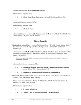 21 jun 2015 Descendentes de Dom Rodrigo Diaz de Bivar El Cid Página 3
Afonso casou-se com (1) D. Maria Peres de Enxara31
.
Eles tiveram os seguintes filhos
+ 8 M i. Infante Dom Afonso Dinis nasceu dd/mm/1260 e faleceu dd/mm/1310.
Afonso também casou-se com1 (2) N....
Eles tiveram os seguintes filhos
+ 9 F ii. Infanta D. Urraca.
Afonso também casou-se com1 (3) D. Aldonça Annes de Maia32,33,34,35,36
, filha de Dom João Martins
Abana de Maia e D. Teresa Pires de Bragança.
Oitava Geração
8.Infante Dom Afonso Dinis37,38,39
(Afonso III, Urraca, Afonso VIII Rei de Castela, Branca, Garcia IV
Rei de Navarra, Elvira Rodrigues de Bivar, Rodrigo) nasceu 40
dd/mm/1260. Ele faleceu41
dd/mm/1310.
Afonso casou-se com D. Maria Paes Ribeira42,43,44
, filha de Dom Pedro Annes de Portel Sr. da Vilas
de Aboim e Portel no Alentejo e D. Constança Mendes de Souza Senhora de Panoyas. Maria
nasceu 45
dd/mm/1285.
Herdou a casa de seus pais na falta de sucessão de seus irmãos. E por este casamento meterão os Souzas nas
suas armas as quinas reais.
Afonso e Maria tiveram os seguintes filhos:
+ 10 M i. Dom Diogo Afonso de Souza S.de Mafra, Ericeira e Enxara dos Cavaleiros
nasceu dd/mm/1305 e faleceu dd/mm/1344.
+ 11 M ii. Dom Rodrigo Afonso de Souza Senhor de Arraiolos e Pavia.
9.Infanta D. Urraca46,47
(Afonso III, Urraca, Afonso VIII Rei de Castela, Branca, Garcia IV Rei de
Navarra, Elvira Rodrigues de Bivar, Rodrigo).
Urraca casou-se com Dom João Mendes de Briteiros48,49,50
, filho de Dom Mem Rodrigues de
Briteiros e D. Maria Annes da Veiga.
Eles tiveram os seguintes filhos
+ 12 F i. D. Leonor de Briteiros.
+ 13 M ii. Gonçalo Annes de Briteiros Senhor das Terras de Berredo.
 