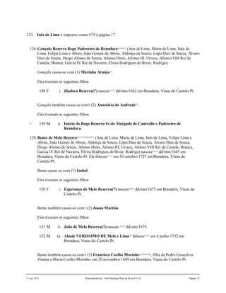 21 jun 2015 Descendentes de Dom Rodrigo Diaz de Bivar El Cid Página 33
123. Inês de Lima é impresso como #75 à página 17.
124.Gonçalo Bezerra Rego Padroeiro de Brandara529,530,531
(Ana de Lima, Maria de Lima, Inês de
Lima, Felipa Lima e Abreu, João Gomes de Abreu, Aldonça de Souza, Lopo Dias de Souza, Álvaro
Dias de Souza, Diogo Afonso de Souza, Afonso Dinis, Afonso III, Urraca, Afonso VIII Rei de
Castela, Branca, Garcia IV Rei de Navarra, Elvira Rodrigues de Bivar, Rodrigo).
Gonçalo casou-se com (1) Marinha Araújo532
.
Eles tiveram os seguintes filhos
148 F i. Ziadora Bezerra(?) nasceu533,534
dd/mm/1662 em Brandara, Viana do Castelo-Pt.
Gonçalo também casou-se com1 (2) Anastácia de Andrade535
.
Eles tiveram os seguintes filhos
+ 149 M ii. Inácio do Rego Bezerra Sr.do Morgado de Canivello e Padroeiro de
Brandara.
128.Bento de Melo Bezerra536,537,538,539,540,541
(Ana de Lima, Maria de Lima, Inês de Lima, Felipa Lima e
Abreu, João Gomes de Abreu, Aldonça de Souza, Lopo Dias de Souza, Álvaro Dias de Souza,
Diogo Afonso de Souza, Afonso Dinis, Afonso III, Urraca, Afonso VIII Rei de Castela, Branca,
Garcia IV Rei de Navarra, Elvira Rodrigues de Bivar, Rodrigo) nasceu542,543
dd/mm/1645 em
Brandara, Viana do Castelo-Pt. Ele faleceu544,545
em 10 outubro 1727 em Brandara, Viana do
Castelo-Pt.
Bento casou-se com (1) Izabel.
Eles tiveram os seguintes filhos
150 F i. Esperança de Melo Bezerra(?) nasceu546,547
dd/mm/1675 em Brandara, Viana do
Castelo-Pt.
Bento também casou-se com1 (2) Joana Martins.
Eles tiveram os seguintes filhos
151 M ii. João de Melo Bezerra(?) nasceu 548,549
dd/mm/1675.
152 M iii. Abade VERISSIMO DE Melo e Lima550
faleceu551,552
em 6 junho 1732 em
Brandara, Viana do Castelo-Pt.
Bento também casou-se com1 (3) Francisca Coelha Marinho553,554,555,556
, filha de Pedro Gonçalves
Vianna e Maria Coelho Marinho, em 20 novembro 1689 em Brandara, Viana do Castelo-Pt.
 