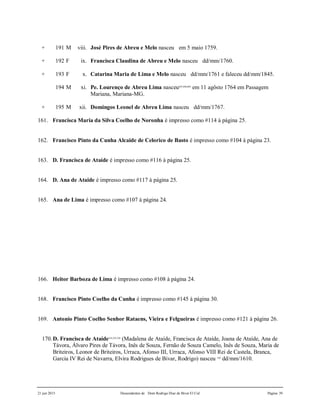 21 jun 2015 Descendentes de Dom Rodrigo Diaz de Bivar El Cid Página 39
+ 191 M viii. José Pires de Abreu e Melo nasceu em 5 maio 1759.
+ 192 F ix. Francisca Claudina de Abreu e Melo nasceu dd/mm/1760.
+ 193 F x. Catarina Maria de Lima e Melo nasceu dd/mm/1761 e faleceu dd/mm/1845.
194 M xi. Pe. Lourenço de Abreu Lima nasceu687,688,689
em 11 agôsto 1764 em Passagem
Mariana, Mariana-MG.
+ 195 M xii. Domingos Leonel de Abreu Lima nasceu dd/mm/1767.
161. Francisca Maria da Silva Coelho de Noronha é impresso como #114 à página 25.
162. Francisco Pinto da Cunha Alcaide de Celorico de Basto é impresso como #104 à página 23.
163. D. Francisca de Ataíde é impresso como #116 à página 25.
164. D. Ana de Ataide é impresso como #117 à página 25.
165. Ana de Lima é impresso como #107 à página 24.
166. Heitor Barboza de Lima é impresso como #108 à página 24.
168. Francisco Pinto Coelho da Cunha é impresso como #145 à página 30.
169. Antonio Pinto Coelho Senhor Rataens, Vieira e Felgueiras é impresso como #121 à página 26.
170.D. Francisca de Ataíde524,525,526
(Madalena de Ataíde, Francisca de Ataíde, Joana de Ataíde, Ana de
Távora, Álvaro Pires de Távora, Inês de Souza, Fernão de Souza Camelo, Inês de Souza, Maria de
Briteiros, Leonor de Briteiros, Urraca, Afonso III, Urraca, Afonso VIII Rei de Castela, Branca,
Garcia IV Rei de Navarra, Elvira Rodrigues de Bivar, Rodrigo) nasceu 528
dd/mm/1610.
 