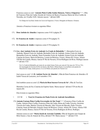 21 jun 2015 Descendentes de Dom Rodrigo Diaz de Bivar El Cid Página 40
Francisca casou-se com527
Antonio Pinto Coelho Senhor Rataens, Vieira e Felgueiras520,521,522
, filho
de Francisco Pinto da Cunha Alcaide de Celorico de Basto e Francisca Maria da Silva Coelho de
Noronha, em 14 julho 1620. Antonio nasceu 523
dd/mm/1600.
Foi fidalgo da Casa Real, Senhor do Con.lo de Felgueiras e Vieira e Morgados de Rataens e Simaens.
Antonio e Francisca tiveram os seguintes filhos:
171. Dom Antônio de Almeida é impresso como #143 à página 29.
172. D. Francisca de Ataíde é impresso como #170 à página 33.
173. D. Francisca de Ataíde é impresso como #170 à página 33.
174.Gov. José Antônio Freire de Andrade 2.o Conde de Bobadella690,691
(Bernadim Freire de
Andrade, Manoel Freire de Andrade, Bernadim Freire de Andrade, Gomes Freire de Andrade,
Bernardim Freire de Andrade, Nuno Fernandes Freire de Andrade, Gomes Freire de Andrade,
Catarina de Souza, Maria de Briteiros, Leonor de Briteiros, Urraca, Afonso III, Urraca, Afonso
VIII Rei de Castela, Branca, Garcia IV Rei de Navarra, Elvira Rodrigues de Bivar, Rodrigo) nasceu
692,693
dd mm 1725.
Foi 2.o Conde de Bobadella, por morte de seu irmão Gomes Freire, por carta de 9 de mayo de 1763 ou 1761,
foi encarregado do Governo do Rio de Janeiro, São Paulo e Minas Gerais, G.or da Beira com patente de
Marechal de Campo, donde passou a G.or do Minho com patente de Tinente G.al.
José casou-se com695
(1) D. Antônia Xavier de Almeida694
, filha de Dom Francisco de Almeida e D
Izabel Tereza de Lencastre, em 8 setembro 1761.
José também casou-se com1 (2) Maria do Bom Sucesso Correa de Sá696
, filha de Ten.Gen.
Martinho Correa de Sá e Catarina do Espírito Santo. Maria nasceu697
dd/mm/1729 em Rio de
Janeiro-RJ.
Eles tiveram os seguintes filhos
+ 215 M i. Ten.Cel. Francisco de Paula Freire de Andrade Inconfidente.
176.Antonio Caetano Pinto Coelho Governador de São Tomé698,699,700
(Francisco Pinto Coelho da
Cunha, Antonio Pinto Coelho, Francisco Pinto da Cunha, Brites da Cunha Teixeira, Jeronimo
Teixeira da Cunha, Martim Teixeira de Macedo, João Teixeira de Macedo, Pedro Teixeira,
Catarina Annes de Berredo, Gonçalo Annes de Briteiros, Urraca, Afonso III, Urraca, Afonso VIII
Rei de Castela, Branca, Garcia IV Rei de Navarra, Elvira Rodrigues de Bivar, Rodrigo).
Antonio casou-se com701
Maria Josefa de Azeredo Coutinho, filha de Sargento-mor Gaspar de
Brito Soares e Ana do Amaral da Silva, dd/mm/1730. Maria nasceu 702,703
dd/mm/1710.
 