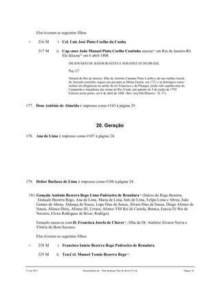 21 jun 2015 Descendentes de Dom Rodrigo Diaz de Bivar El Cid Página 41
Eles tiveram os seguintes filhos
+ 216 M i. Cel. Luis José Pinto Coelho da Cunha.
217 M ii. Cap.-mor João Manuel Pinto Coelho Coutinho nasceu704
em Rio de Janeiro-RJ.
Ele faleceu705
em 6 abril 1808.
DICIONÁRIO DE BANDEIRANTES E SERANISTAS DO BRASIL
Pag.127
Natural do Rio de Janeiro, filho de Antônio Caetano Pinto Coelho e de sua mulher Josefa
de Azeredo coutinho, seguiu seu pai para as Minas Gerais, em 1721 e se distinguiu como
militar em diligências no sertão do rio Francisco e de Pitangui, tendo sido capitão-mor da
Campanha e intendente das minas do Rio Verde, por patente de 8 de junho de 1795.
Faleceu nesse pôsto, em 6 de abril de 1808. (Rev.Arq.Pub.Mineiro - II, 37).
177. Dom Antônio de Almeida é impresso como #143 à página 29.
20. Geração
178. Ana de Lima é impresso como #107 à página 24.
179. Heitor Barboza de Lima é impresso como #108 à página 24.
181.Gonçalo Antônio Bezerra Rego Lima Padroeiro de Brandara706
(Inácio do Rego Bezerra,
Gonçalo Bezerra Rego, Ana de Lima, Maria de Lima, Inês de Lima, Felipa Lima e Abreu, João
Gomes de Abreu, Aldonça de Souza, Lopo Dias de Souza, Álvaro Dias de Souza, Diogo Afonso de
Souza, Afonso Dinis, Afonso III, Urraca, Afonso VIII Rei de Castela, Branca, Garcia IV Rei de
Navarra, Elvira Rodrigues de Bivar, Rodrigo).
Gonçalo casou-se com D. Francisca Josefa de Chaves707
, filha de Dr. Antônio Álvares Neiva e
Vitória do Bom Sucesso.
Eles tiveram os seguintes filhos
+ 228 M i. Francisco Inácio Bezerra Rego Padroeiro de Brandara.
229 M ii. Ten.Cel. Manoel Tomás Bezerra Rego708
.
 