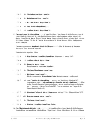 21 jun 2015 Descendentes de Dom Rodrigo Diaz de Bivar El Cid Página 42
230 F iii. Maria Bezerra Rego Lima(?)709
.
231 M iv. Felix Bezerra Rego Lima(?)710
.
232 M v. P.e Luis Bezerra Rego Lima(?)711
.
233 M vi. José Bezerra Rego Lima(?)712
.
234 F vii. Antônia Bezerra Rego Lima(?)713
.
185.Caetano Leonel de Abreu Lima714,715,716,717
(Leonel de Abreu Lima, Bento de Melo Bezerra, Ana de
Lima, Maria de Lima, Inês de Lima, Felipa Lima e Abreu, João Gomes de Abreu, Aldonça de
Souza, Lopo Dias de Souza, Álvaro Dias de Souza, Diogo Afonso de Souza, Afonso Dinis, Afonso
III, Urraca, Afonso VIII Rei de Castela, Branca, Garcia IV Rei de Navarra, Elvira Rodrigues de
Bivar, Rodrigo).
Caetano casou-se com Ana Paula Moniz de Menezes718,719,720,721
, filha de Bernardo de Souza de
Azevedo e Roza Moniz de Menezes.
Eles tiveram os seguintes filhos
+ 235 M i. Cap. Caetano Leonel de Abreu Lima faleceu em 31 março 1847.
236 M ii. Antônio Júlio de Abreu Lima722
.
237 M iii. Leonel de Abreu Lima723
.
Leonel casou-se com Anna Sanches724
.
+ 238 F iv. Mariana Claudina de Abreu Lima.
239 F v. Flávia de Abreu Lima(?)725
.
Flávia casou-se com Bernardo da Costa. Bernardo nasceu726
em Portugal.
240 F vi. Ana Claudina de Abreu Lima727,728
nasceu729
em Sumidouro, Mariana-MG.
Ana casou-se com733,734
Alferes Francisco Joaquim Nogueira da Gama730,731,732
, filho
de Dr. Antonio Joaquim Nogueira da Gama e Maria Angélica Nogueira da Gama,
em 17 setembro 1814 em Ouro Preto-MG. Francisco nasceu735
em Freguesia de
Santo Gusta, Coimbra-Pt.
+ 241 F vii. Graciana Carlota de Abreu Lima nasceu dd/mm/1794 e faleceu dd/mm/1833.
242 F viii. Emerenciana de Abreu Lima(?)736
.
243 F ix. Maria de Abreu Lima(?)737
.
+ 244 M x. Caetano Leonel de Abreu Lima Junior.
186.Cel. Maximiano de Oliveira Leite738,739,740,741,742,743,744
(Leonel de Abreu Lima, Bento de Melo Bezerra,
Ana de Lima, Maria de Lima, Inês de Lima, Felipa Lima e Abreu, João Gomes de Abreu, Aldonça
 