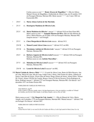 21 jun 2015 Descendentes de Dom Rodrigo Diaz de Bivar El Cid Página 44
Carlota casou-se com770,771,772
Bento Álvares de Magalhães768,769
, filho de Alferes
Manoel Álvares de Magalhães e Senhorinha de Abreu Lima, em 20 outubro 1835
em Passagem Mariana, Mariana-MG. Bento nasceu773,774,775,776
em 3 maio 1802 em
Guaraciaba-MG.
+ 250 F vi. Maria Afonsa Galvão de São Martinho.
+ 251 F vii. Henriqueta Madalena de Oliveira Leite.
252 F viii. Maria Madalena de Oliveira777
nasceu778,779,780
dd/mm/1810 em Ouro Preto-MG.
Maria casou-se com781,782,783
Joaquim Moreira da Silva, filho de João Moreira da
Silva e Maria Moreira, em 26 julho 1834 em Passagem Mariana, Mariana-MG.
Joaquim nasceu784,785
em Portugal.
+ 253 F ix. Clara Margarida de Oliveira Leite nasceu dd/mm/1813.
254 M x. Manoel Leonel Abreu Lima nasceu786,787
dd/mm/1815 em MG.
255 M xi. Maximiano Antônio de Oliveira Leite788
nasceu789,790
dd/mm/1818 em Passagem
Mariana, Mariana-MG.
256 F xii. Bárbara Augusta de Oliveira Leite(?) nasceu791,792,793,794
dd/mm/1820 em Passagem
Mariana, Mariana-MG.
Bárbara casou-se com Antônio Marcellino795
.
257 F xiii. Michelina de Oliveira Leite(?) nasceu796,797,798,799
dd/mm/1822 em Passagem
Mariana, Mariana-MG.
258 M xiv. Leonel de Oliveira Leite(?) nasceu800
em MG.
190.Maria Córdula de Abreu e Melo801,802,803,804,805
(Leonel de Abreu Lima, Bento de Melo Bezerra, Ana
de Lima, Maria de Lima, Inês de Lima, Felipa Lima e Abreu, João Gomes de Abreu, Aldonça de
Souza, Lopo Dias de Souza, Álvaro Dias de Souza, Diogo Afonso de Souza, Afonso Dinis, Afonso
III, Urraca, Afonso VIII Rei de Castela, Branca, Garcia IV Rei de Navarra, Elvira Rodrigues de
Bivar, Rodrigo) nasceu806,807
dd/mm/1757 em Passagem Mariana, Mariana-MG. Ela faleceu808
em 7
dezembro 1817 em Simão Pereira-MG.
NOBILIÁRIO DE FAMÍLIAS DE PORTUGAL
Título Barbozas, pag.99
D.M.a Cordova e Oliveira, cazada, como vi de duas Inquiriçoesn q. tirou seu marido q. se achão no Tribunal
de Coimbra, com M.el do Valle Amado, f.o de Maria Amado e seu m.o Me. do Valle.
Maria casou-se com812,813
Cel. Manoel do Vale Amado809,810,811
, filho de Manoel do Vale e Maria
Amado, em 8 setembro 1779 em Passagem Mariana, Mariana-MG. Manoel nasceu814,815
dd/mm/1740
em Portugal. Ele faleceu816
dd/mm/1801.
NOBILÁRIO DE FAMÍLIA PORTUGUESAS
Pag.184
Casoui M.el do Valle 2.a vez com D.a M.a de Cordova de Olivr.a, f.a do Cap.Leonel de Abreu Lima, Cav. da
 