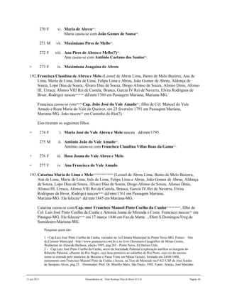 21 jun 2015 Descendentes de Dom Rodrigo Diaz de Bivar El Cid Página 46
270 F vi. Maria de Abreu839
.
Maria casou-se com João Gomes de Sousa840
.
271 M vii. Maximiano Pires de Mello841
.
272 F viii. Ana Pires de Abreu e Mello(?)842
.
Ana casou-se com Antônio Caetano dos Santos843
.
+ 273 F ix. Maximiana Joaquina de Abreu.
192.Francisca Claudina de Abreu e Melo (Leonel de Abreu Lima, Bento de Melo Bezerra, Ana de
Lima, Maria de Lima, Inês de Lima, Felipa Lima e Abreu, João Gomes de Abreu, Aldonça de
Souza, Lopo Dias de Souza, Álvaro Dias de Souza, Diogo Afonso de Souza, Afonso Dinis, Afonso
III, Urraca, Afonso VIII Rei de Castela, Branca, Garcia IV Rei de Navarra, Elvira Rodrigues de
Bivar, Rodrigo) nasceu844,845,846
dd/mm/1760 em Passagem Mariana, Mariana-MG.
Francisca casou-se com848,849
Cap. João José do Vale Amado847
, filho de Cel. Manoel do Vale
Amado e Roza Maria do Vale de Queiroz, em 23 fevereiro 1791 em Passagem Mariana,
Mariana-MG. João nasceu850
em Caminho do Rio(?).
Eles tiveram os seguintes filhos
+ 274 F i. Maria José do Vale Abreu e Melo nasceu dd/mm/1795.
275 M ii. Antônio João do Vale Amado851
.
Antônio casou-se com Francisca Claudina Villas Boas da Gama852
.
+ 276 F iii. Rosa Joana do Vale Abreu e Melo.
+ 277 F iv. Ana Francisca do Vale Amado.
193.Catarina Maria de Lima e Melo853,854,855,856,857,858,859
(Leonel de Abreu Lima, Bento de Melo Bezerra,
Ana de Lima, Maria de Lima, Inês de Lima, Felipa Lima e Abreu, João Gomes de Abreu, Aldonça
de Souza, Lopo Dias de Souza, Álvaro Dias de Souza, Diogo Afonso de Souza, Afonso Dinis,
Afonso III, Urraca, Afonso VIII Rei de Castela, Branca, Garcia IV Rei de Navarra, Elvira
Rodrigues de Bivar, Rodrigo) nasceu860,861
dd/mm/1761 em Passagem Mariana,
Mariana-MG. Ela faleceu862
dd/mm/1845 em Mariana-MG.
Catarina casou-se com Cap.-mor Francisco Manoel Pinto Coelho da Cunha863,864,865,866,867
, filho de
Cel. Luis José Pinto Coelho da Cunha e Antonia Joana de Miranda e Costa. Francisco nasceu868
em
Pitangui-MG. Ele faleceu869,870
em 17 março 1846 em Faz.de Matta .../Distr.S.Domingos/Freg.de
Sumidouro-Mariana-MG.
Pesquisar quem são:
1 - Cap.Luiz José Pinto Coelho da Cunha, vereador na 1a.Câmara Municipal de Ponte Nova-MG. Fontes: Site
da Camara Municipal : http://www.pontenova.com.br e no livro Dicionário Geográfico de Minas Gerais,
Waldemar de Almeida Barbosa, edição 1995, pag.265 - Ponte Nova, Ed.Itatiaia Ltda.
2 - Cap.Luiz José Pinto Coelho da Cunha, sócio da Sociedade Palmital (exploração aurífera as margens do
Ribeirão Palmital, afluente do Rio Negro, cuja área pertencia ao subúrbio de Rio Preto, cujo rio do mesmo
nome se estende pelo municíos de Bocaina e Passa Vinte em Minas Gerais), formada em 24/08/1800,
juntamente com Francisco Manoel Pinto da Cunha e Souza, na Tese de Mestrado na FAU-USP de José Xaides
de Sampaio Alves, pag.25. Orientador: Prof. Dr. Murillo Marx, São Paulo, 1992. Fonte: Araujo, José Marinho
 