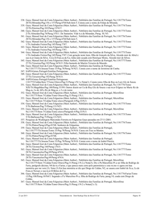 21 jun 2015 Descendentes de Dom Rodrigo Diaz de Bivar El Cid Página 58
338. Gayo, Manoel José da Costa Felgueiras (Main Author) , Nobiliário das Famílias de Portugal, No.1181776/Tomo
20/Tit.Mirandas/Pag.156 e 157/Parag.4/N4/Sub-item 5. Consta com o nome de Felipa de Miranda.
339. Gayo, Manoel José da Costa Felgueiras (Main Author) , Nobiliário das Famílias de Portugal, No.1181776/Tomo
22/Tit.Pereiras/Pag.183/Parag.15/N17.
340. Gayo, Manoel José da Costa Felgueiras (Main Author) , Nobiliário das Famílias de Portugal, No.1181775/Tomo
2/Tit.Almeidas/Pag.74/Parag.3/N11. De Santarém. Vide tt.o de Mirandas, Parag. 30, N5.
341. Gayo, Manoel José da Costa Felgueiras (Main Author) , Nobiliário das Famílias de Portugal, No.1181776/Tomo
20/Tit.Mirandas/Pag.156 e 157/Parag.4/N4/Sub-item 5.
342. Gayo, Manoel José da Costa Felgueiras (Main Author) , Nobiliário das Famílias de Portugal, No.1181775/Tomo
1/Tit.Andrades Freires/Pag.145/Parag.7/N7.
343. Gayo, Manoel José da Costa Felgueiras (Main Author) , Nobiliário das Famílias de Portugal, No.1181775/Tomo
1/Tit.Andrades Freires/Pag.145/Parag.7/N7.
344. Gayo, Manoel José da Costa Felgueiras (Main Author) , Nobiliário das Famílias de Portugal, No.1181775/Tomo
1/Tit.Andrades Freires/Pag.145/Parag.7/N7. Com geração neste item, filha de Gonçalo da Silva, Alcaide-mor de Abiul e
sua m.er Joana da Silva. A d.a D.Fran.ca da S.a, tinha sido casada com Henrique Monis, Alcaide-mor de Silves.
345. Gayo, Manoel José da Costa Felgueiras (Main Author) , Nobiliário das Famílias de Portugal, No.1181777/Tomo
27/Tit.Teixeiras/Pag.192/Parag.34/N15. Filho bastardo de Martim Teixeira de Macedo.
346. Gayo, Manoel José da Costa Felgueiras (Main Author) , Nobiliário das Famílias de Portugal,
No.1181777/Tit.Souzas/Tomo 33/Pag.78/Parag.76/N21. Consta com o nome de Jeronimo da Cunha.
347. SAPO-Genea Portugal-Familias Portuguesas.
348. Gayo, Manoel José da Costa Felgueiras (Main Author) , Nobiliário das Famílias de Portugal, No.1181777/Tomo
27/Tit.Teixeiras/Pag.192/Parag.34/N15.
349. SAPO-Genea Portugal-Familias Portuguesas.
1181775/Caldas/Item 7/Tomo Oitavo/Pag.31/Parag.1/N.1 e Nota(1). Consta como filha de Ruy ou Luiz Glz de Souza.
351. Gayo, Manoel José da Costa Felgueiras (Main Author) , Nobiliário das Famílias de Portugal, No.1181776/Tomo
XIX/Tit.Magalhães/Pag.180/Parag.33/N9. Outros dizem ser f.a de Ruy Glz de Souza e sua m.er D.Ignez ou Maria Rz de
Mag.es, f.a de Aff.o Rz de Mag.es, o 3.o do nome.
352. Gayo, Manoel José da Costa Felgueiras (Main Author) , Nobiliário das Famílias de Portugal, Microfilme
No.1181775/Item 7/Caldas/Tomo Oitavo/Pag.31/Parag.1/N.1.
353. Gayo, Manoel José da Costa Felgueiras (Main Author) , Nobiliário das Famílias de Portugal, Microfilme
No.1181775/Item 7/Caldas/Tomo oitavo/Parágrafo 4/Pag.33/N.5.
354. Gayo, Manoel José da Costa Felgueiras (Main Author) , Nobiliário das Famílias de Portugal, No.1181775/Tomo
5/Tit.Barbosas/Pag.75/Parag.131/N23.
355. Gayo, Manoel José da Costa Felgueiras (Main Author) , Nobiliário das Famílias de Portugal, Microfilme
No.1181775/Item 7/Caldas/Tomo oitavo/Parágrafo 4/Pag.33/N.5.
356. Gayo, Manoel José da Costa Felgueiras (Main Author) , Nobiliário das Famílias de Portugal, No.1181775/Tomo
5/Tit.Barbosas/Pag.75/Parag.131/N23.
357. Pesquisas de Washington Marcondes Ferreira no Felgueiras Gayo passadas em 27/11/2001.
358. Gayo, Manoel José da Costa Felgueiras (Main Author) , Nobiliário das Famílias de Portugal, No.1181776/Tomo
23/Tit.Pintos/Parag.6/Pag.45/N8. Senhores de Felgueiras.
359. Gayo, Manoel José da Costa Felgueiras (Main Author) , Nobiliário das Famílias de Portugal,
No.1181777/Tit.Souzas/Tomo 33/Pag.78/Parag.76/N18. Casou em Traz os Montes.
360. Gayo, Manoel José da Costa Felgueiras (Main Author) , Nobiliário das Famílias de Portugal, No.1181776/Tomo
23/Tit.Pintos/Parag.6/Pag.45/N8.
361. Gayo, Manoel José da Costa Felgueiras (Main Author) , Nobiliário das Famílias de Portugal,
No.1181777/Tit.Souzas/Tomo 33/Pag.78/Parag.76/N18. Consta com o nome de Izabel Pereira.
362. Gayo, Manoel José da Costa Felgueiras (Main Author) , Nobiliário das Famílias de Portugal, No.1181777/Tomo
28/Tit.Távoras/Pag.144/Parag.1/N15.
363. Gayo, Manoel José da Costa Felgueiras (Main Author) , Nobiliário das Famílias de Portugal, No.1181777/Tomo
28/Tit.Vasconcelos/Pag.69/Parag.4/N16.
364. Gayo, Manoel José da Costa Felgueiras (Main Author) , Nobiliário das Famílias de Portugal, No.1181777/Tomo
28/Tit.Vasconcelos/Pag.69/Parag.4/N16.
365. Gayo, Manoel José da Costa Felgueiras (Main Author) , Nobiliário das Famílias de Portugal, Microfilme
No.1181775/Item 7/Caldas/Tomo Oitavo/Pag.31/Parag.1/N.2.e Nota(3). Diz o Pe.Marcellino Pr.a ser filha de Rodrigo de
Faria, parágrafo décimo, N4 do tt.o Farias, o que parece mais certo pelo patornímico e este m.mo vi agora em hua
memória que me vem (3). Nota (3) Em hua memória se diz que Diogo de Caldas, N2, se casara com Izabel de Fa.a, f.a de
Fran.co Novaes e sua m.er D.Brites de F.a.
366. Gayo, Manoel José da Costa Felgueiras (Main Author) , Nobiliário das Famílias de Portugal, No.1181776/Farias/Tomo
13/Pag.108/Parag.10/N4/5. Segundo o P.e Marcelino Pr.a, filha de Rodrigo de Faria, parag.10, csada com Diogo de
Caldas.
367. Gayo, Manoel José da Costa Felgueiras (Main Author) , Nobiliário das Famílias de Portugal, Microfilme
No.1181775/Item 7/Caldas/Tomo Oitavo/Pag.31/Parag.1/N.2 e Notas(2 e 3).
 