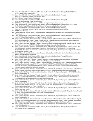 21 jun 2015 Descendentes de Dom Rodrigo Diaz de Bivar El Cid Página 62
460. Gayo, Manoel José da Costa Felgueiras (Main Author) , Nobiliário das Famílias de Portugal, No.1181775/Tomo
11/Tit.Coelhos/Pag.172/Parag.2/N23.
461. Gayo, Manoel José da Costa Felgueiras (Main Author) , Nobiliário das Famílias de Portugal,
No.1181777/Tit.Souzas/Tomo 33/Pag.79/Parag.76/N22.
462. SAPO-Genea Portugal-Familias Portuguesas.
463. Gayo, Manoel José da Costa Felgueiras (Main Author) , Nobiliário das Famílias de Portugal, N.o
1181776/Tit.Pintos/Tomo 23/Pag.46/Parag.6/N12.
464. SAPO-Genea Portugal. Vide Costados dos Célebres em http://www.genealogia.sapo.pt.
465. Gayo, Manoel José da Costa Felgueiras (Main Author) , Nobiliário das Famílias de Portugal, No.1181775/Tomo
11/Tit.Coelhos/Pag.172/Parag.2/N23. Dona Maria ou D.Francisca da S.a Coelho de Noronha.
466. Gayo, Manoel José da Costa Felgueiras (Main Author) , Nobiliário das Famílias de Portugal,
No.1181777/Tit.Souzas/Tomo 33/Pag.79/Parag.76/N22. Consta com o nome de Fran.ca da Silva.
467. SAPO-Genea Portugal.
468. Carlos Eduardo de Almeida Barata e Antônio Henrique da Cunha Bueno, Dicionário das Famílias Brasileiras, Família
Abreu Lima.
469. Gayo, Manoel José da Costa Felgueiras (Main Author) , Nobiliário das Famílias de Portugal, Microfilme
No.1181775/Item 7/Barboza/Tomo 5.o/Pag.97/Parágrafo 198/N.24.
470. Igreja Católica São Tiago, Brandara, Viana do Castelo-Pt , Certidão de Batismo(Transcrição) de Bento de Mello Bezerra.
Pais : Bertolameu Bezerra Reguo e Ana de Lima do lugar de Viana.Padrinhos: L.o de Brito desta freg.a e Manoel de
Andrade de São L.co.Padre: Fr.co Barreyros.Cura: Fr.co Barreyros.
471. Igreja Católica São Tiago, Brandara, Viana do Castelo-Pt , Certidão de Óbito(Transcrição) de Anna de Lima, Fl.19v do
Livro No.1 dos anos de 1637-1709. Não fez testamento.Abade: Fran.co do Rego Teixeira.
472. Igreja Católica São Tiago, Ponte de Lima, Brandara, Viana do Castelo-Pt, Registros Paroquiais, 1637-1872, Salt Lake
City: Filmado pela Socidade Genealógica de Utah, 1984, Microfilme No.1387080/Item 6/Fl.19v., Microfilme
No.1387080. Microfilmes dos manuscritos na Universidade do Minho, Braga. Brandara é anexa á freguesia de Calheiros
no concelho de Ponte de Lima.
473. Carlos Eduardo de Almeida Barata e Antônio Henrique da Cunha Bueno, Dicionário das Famílias Brasileiras, Família
Abreu Lima. Do Morgado de Brandar.
474. Gayo, Manoel José da Costa Felgueiras (Main Author) , Nobiliário das Famílias de Portugal, Microfilme
No.1181775/Item 7/Barboza/Pag.97/Parágrafo 198/N.24.
475. Igreja Católica Santo Pedro, Formariz, Viana do Castelo-Pt , Certidão de Casamento(Transcrição) de Bartholomeu
Bezerra Rego e Ana de Lima, Fl.105 do Livro Misto No.2 dos anos de 1621-1670.
476. Igreja Católica São Pedro, Formariz, Viana do Castelo-Pt, Registros Paroquiais, 1597-1852, Salt Lake City: Filmado pela
Sociedade Genealógica de Utah, 1984-1991, Microfilme No.1387379/Item 2/Fl.105., Microfilmes No.1387378 e
1387379. Microfilmes de manuscritos no Arquivo Distrital de Viana do Castelo na Universidade do Minho, Braga.
Formariz faz parte do concelho de Paredes de Coura.
477. Igreja Católica São Tiago, Ponte de Lima, Brandara, Viana do Castelo-Pt , Certidão de Óbito(Transcrição) de Bartolomeu
Bezerra Rego, Fl.6v do Livro Mixto No.1 dos anos de 1637-1709. Não fez testamento.Padre: Estevão Moreyra.
478. Igreja Católica São Tiago, Ponte de Lima, Brandara, Viana do Castelo-Pt, Registros Paroquiais, 1637-1872, Microfilme
No.1387080/Item 6/Fl.6v.
479. Igreja Católica São Tiago, Brandara, Viana do Castelo-Pt , Certidão de Batismo(Transcrição) de Bento de Araujo(?),
Fl.19 do Livro Mixto No.1 dos anos de 1637-1709. Pais : Silvestre de Araujo e M.a Glz.Padrinhos: Bento Bezerra e
D.Marianna, filhos de Bertholomeu Bezerra.Padre: Estevão Moreyra.
480. Igreja Católica São Tiago, Ponte de Lima, Brandara, Viana do Castelo-Pt, Registros Paroquiais, 1637-1872, Microfilme
No.1387080/Item 6/Fl.19.
481. Igreja Católica São Tiago, Brandara, Viana do Castelo-Pt , Certidão de Batismo(Transcrição) de Margarida de Mello
Bezerra(?), Fl.3v do Livro Mixto No.1 dos anos de 1637-1709. Pais : Bertolameo Bez--- --- de Lima.Padrinhos: ---
Bezerra, ambos desta.Padre: --- .Padre: Fr.co Ribr.o.
482. Igreja Católica São Tiago, Ponte de Lima, Brandara, Viana do Castelo-Pt, Registros Paroquiais, 1637-1872, Microfilme
No.1387080-/Item 6/Fl.3v.
483. Igreja Católica São Tiago, Brandara, Viana do Castelo-Pt , Certidão de Óbito(Transcrição) de Margarida Bezerra Rego(?),
Fl.7v do Livro Mixto No.1 dos anos de 1637-1709. Não fez testamento.
Padre: Estevão Moreyra.
484. Igreja Católica São Tiago, Ponte de Lima, Brandara, Viana do Castelo-Pt, Registros Paroquiais, 1637-1872, Microfime
No.1387080/Item 8/Fl.7v.
485. Igreja Católica São Tiago, Brandara, Viana do Castelo-Pt , Certidão de Batismo(Transcrição) de Joanna Bezerra Rego(?),
Fl.5v do Livro Mixto No.1 dos anos de 1637-1709. Pais : Bertholomeu Bezerra Reguo e D.Ana.Padrinhos: Seu cunhado
João Rabello Pr.a e sua filha Maria dos Reis.Abade: P.o Maciel Calhr.os.Vigário: O.o Maciel Calhr.os.
486. Igreja Católica São Tiago, Ponte de Lima, Brandara, Viana do Castelo-Pt, Registros Paroquiais, 1637-1872, Microfilme
No.1387080/Item 6/Fl.5v.
487. Gayo, Manoel José da Costa Felgueiras (Main Author) , Nobiliário das Famílias de Portugal, No.1181776/Tomo
25/Tit.Rego/Pag.192/Parag.64/N1/2.
 