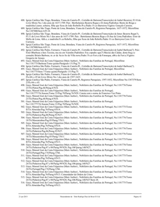 21 jun 2015 Descendentes de Dom Rodrigo Diaz de Bivar El Cid Página 63
488. Igreja Católica São Tiago, Brandara, Viana do Castelo-Pt , Certidão de Batismo(Transcrição) de Izabel Bezerra), Fl.10 do
Livro Mixto No.1 dos anos de 1637-1709. Pais : Bertholameu Bezerra Reguo e D.Anna.Padrinhos: Bento do Rrego e
madrinha Lianor, solteira, filha que ficou de João Rrebello Pr.a.Padre: Fr.co Barreiros.Vigário: Gonçalo Carreira.
489. Igreja Católica São Tiago, Ponte de Lima, Brandara, Viana do Castelo-Pt, Registros Paroquiais, 1637-1872, Microfilme
No.1387080/Item 6/Fl.10.
490. Igreja Católica São Tiago, Brandara, Viana do Castelo-Pt , Certidão de Batismo(Transcrição) de Innes Bezerra Rego(?),
Fl.11 do Livro Mixto No.1 dos anos de 1637-1709. Pais : Bartolameu Bezerra Rego e D.Ana de Lima.Padrinhos: Eitor de
Mello de Lima, Abb.e, e madrinha Fr.ca Rebello, filha que ficou de João Rebello.Padre: Fr.co Barreyros.Cura: G.lo
Carreyra.
491. Igreja Católica São Tiago, Ponte de Lima, Brandara, Viana do Castelo-Pt, Registros Paroquiais, 1637-1872, Microfilme
No.1387080/Item 6/Fl.11.
492. Igreja Católica São Pedro, Formariz, Viana do Castelo-Pt , Certidão de Batismo(Transcrição) de Isabel Barboza(?). Pais:
Eitor Bbarboza e Ines Taveira, mo.res em Vaimõte.Padrinhos: Foy copadre ogx(?) Mecias das Caldas, desta freg.a e
comadre Briatis Barboza, m .er de An.to frz de Villa nova.Padre: Fr.co Ferr.a da Fonsequa, abb.e de Ferr.a.Vigário:
Gregorio de Araujo.
493. Gayo, Manoel José da Costa Felgueiras (Main Author) , Nobiliário das Famílias de Portugal, Microfilme
No.1181775/Barboza/Tomo quinto/Parágrafo 131/Pag.75.
494. Igreja Católica São Pedro, Formariz, Viana do Castelo-Pt , Certidão de Batismo(Transcrição) de Isabel Barboza(?).
495. Gayo, Manoel José da Costa Felgueiras (Main Author) , Nobiliário das Famílias de Portugal, Microfilme
No.1181775/Item 7/Tomo quinto/Parágrafo 131/Pag.75.
496. Igreja Católica São Pedro, Formariz, Viana do Castelo-Pt , Certidão de Batismo(Transcrição) de Isabel Barboza(?),
Fls.44v e 45 do Livro Mixto No.1 dos anos de 1597-1623.
497. Igreja Católica São Pedro, Formariz, Viana do Castelo-Pt, Registros Paroquiais, 1597-1852, Microfilme No.1387379/Item
2/Fls.44v e 45.
498. Gayo, Manoel José da Costa Felgueiras (Main Author) , Nobiliário das Famílias de Portugal, No.1181776/Tomo
23/Tit.Pintos/Pag.46/Parag.6/N10.
499. Gayo, Manoel José da Costa Felgueiras (Main Author) , Nobiliário das Famílias de Portugal,
No.1181777/Tit.Souzas/Tomo 33/Pag.78/Parag.76/N20. Consta com o nome de Francisco Vaz Pinto.
500. Gayo, Manoel José da Costa Felgueiras (Main Author) , Nobiliário das Famílias de Portugal, No.1181776/Tomo
23/Tit.Pintos/Pag.46/Parag.6/N10.
501. Gayo, Manoel José da Costa Felgueiras (Main Author) , Nobiliário das Famílias de Portugal,
No.1181777/Tit.Souzas/Tomo 33/Pag.78/Parag.76/N20.
502. Gayo, Manoel José da Costa Felgueiras (Main Author) , Nobiliário das Famílias de Portugal, No.1181775/Tomo
II/Tit.Almeidas/Pag.76/Parag.4/N14.
503. Gayo, Manoel José da Costa Felgueiras (Main Author) , Nobiliário das Famílias de Portugal, No.1181776/Tomo
24/Tit.Pinheiros/Pag.86/Parag.93/N27.
504. Gayo, Manoel José da Costa Felgueiras (Main Author) , Nobiliário das Famílias de Portugal, No.1181776/Tomo
18/Tit.Mascarenhas/Pag.85/Parag.7/N11.
505. Gayo, Manoel José da Costa Felgueiras (Main Author) , Nobiliário das Famílias de Portugal, No.1181775/Tomo
II/Tit.Almeidas/Pag.76/Parag.4/N14.
506. Gayo, Manoel José da Costa Felgueiras (Main Author) , Nobiliário das Famílias de Portugal, No.1181776/Tomo
24/Tit.Pinheiros/Pag.86/Parag.93/N27.
507. Gayo, Manoel José da Costa Felgueiras (Main Author) , Nobiliário das Famílias de Portugal, No.1181776/Tomo
18/Tit.Mascarenhas/Pag.85/Parag.7/N11.
508. Gayo, Manoel José da Costa Felgueiras (Main Author) , Nobiliário das Famílias de Portugal, No.1181775/Tomo
II/Tit.Almeidas/Pag.76/Parag.4/N13.
509. Gayo, Manoel José da Costa Felgueiras (Main Author) , Nobiliário das Famílias de Portugal, No.1181776/Tomo
24/Tit.Pinheiros/Pag.87 e 88/Parag.99/N28; Pag.106?parag.140/N27.
510. Gayo, Manoel José da Costa Felgueiras (Main Author) , Nobiliário das Famílias de Portugal, No.1181776/Tomo
24/Tit.Portugal/Pag.174/Parag.3/N6.
511. Gayo, Manoel José da Costa Felgueiras (Main Author) , Nobiliário das Famílias de Portugal, No.1181775/Tomo
II/Tit.Almeidas/Pag.76/Parag.4/N13.
512. Gayo, Manoel José da Costa Felgueiras (Main Author) , Nobiliário das Famílias de Portugal, No.1181776/Tomo
24/Tit.Pinheiros/Pag.87 e 88/Parag.99/N28; Pag.106/parag.140/N27.
513. Gayo, Manoel José da Costa Felgueiras (Main Author) , Nobiliário das Famílias de Portugal, No.1181776/Tomo
24/Tit.Portugal/Pag.174/Parag.3/N6.
514. Gayo, Manoel José da Costa Felgueiras (Main Author) , Nobiliário das Famílias de Portugal, No.1181775/Tomo
II/Tit.Almeidas/Pag.76/Parag.4/N13. Comendador da Ordem de Cristo.
515. Gayo, Manoel José da Costa Felgueiras (Main Author) , Nobiliário das Famílias de Portugal, No.1181776/Tomo
24/Tit.Pinheiros/Pag.87 e 88/Parag.99/N28; Pag.106/Parag.140/N27/Item 28.
516. Gayo, Manoel José da Costa Felgueiras (Main Author) , Nobiliário das Famílias de Portugal, No.1181775/Tomo
II/Tit.Almeidas/Pag.76/Parag.4/N13.
 