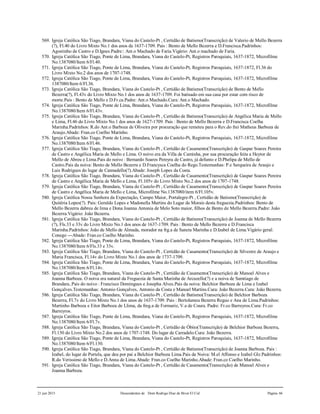 21 jun 2015 Descendentes de Dom Rodrigo Diaz de Bivar El Cid Página 66
569. Igreja Católica São Tiago, Brandara, Viana do Castelo-Pt , Certidão de Batismo(Transcrição) de Valerio de Mello Bezerra
(?), Fl.40 do Livro Mixto No.1 dos anos de 1637-1709. Pais : Bento de Mello Bezerra e D.Francisca.Padrinhos:
Agostinho de Castro e D.Ignes.Padre:: Ant.o Machado de Faria.Vigário: Ant.o machado de Faria.
570. Igreja Católica São Tiago, Ponte de Lima, Brandara, Viana do Castelo-Pt, Registros Paroquiais, 1637-1872, Microfilme
No.1387080/Item 6/Fl.40.
571. Igreja Católica São Tiago, Ponte de Lima, Brandara, Viana do Castelo-Pt, Registros Paroquiais, 1637-1872, Fl.36 do
Livro Mixto No.2 dos anos de 1707-1748.
572. Igreja Católica São Tiago, Ponte de Lima, Brandara, Viana do Castelo-Pt, Registros Paroquiais, 1637-1872, Microfilme
1387080/Item 6/Fl.36.
573. Igreja Católica São Tiago, Brandara, Viana do Castelo-Pt , Certidão de Batismo(Transcrição) de Bento de Mello
Bezerra(?), Fl.43v do Livro Mixto No.1 dos anos de 1637-1709. Foi batisado em sua casa por estar com risco de
morte.Pais : Bento de Mello e D.Fr.ca.Padre: Ant.o Machado.Cura: Ant.o Machado.
574. Igreja Católica São Tiago, Ponte de Lima, Brandara, Viana do Castelo-Pt, Registros Paroquiais, 1637-1872, Microfilme
No.1387080/Item 6/Fl.43v.
575. Igreja Católica São Tiago, Brandara, Viana do Castelo-Pt , Certidão de Batismo(Transcrição) de Angélica Maria de Mello
e Lima, Fl.46 do Livro Mixto No.1 dos anos de 1627-1709. Pais : Bento de Mello Bezerra e D.Francisca Coelha
Marinha.Padrinhos: R.do Ant.o Barboza de Oliveira por procuração que remeteu para o Rev.do frei Matheus Barboza de
Araujo.Abade: Fran.co Coelho Marinho.
576. Igreja Católica São Tiago, Ponte de Lima, Brandara, Viana do Castelo-Pt, Registros Paroquiais, 1637-1872, Microfilme
No.1387080/Item 6/Fl.46.
577. Igreja Católica São Tiago, Brandara, Viana do Castelo-Pt , Certidão de Casamento(Transcrição) de Gaspar Soares Pereira
de Castro e Angélica Maria de Mello e Lima. O noivo era da Villa de Caminha, por sua procuração feita a Heytor de
Mello de Abreu e Lima.Pais do noivo : Bernardo Soares Pereyra de Castro, já defunto e D.Phelipa de Mello de
Castro.Pais da noiva: Bento de Mello Bezerra e D.Francysca Coelha do Rego.Testemunhas: P.e Serqueira de Araujo e
Luis Rodrigues do lugar de Cannadello(?).Abade: Joseph Lopes da Costa.
578. Igreja Católica São Tiago, Brandara, Viana do Castelo-Pt , Certidão de Casamento(Transcrição) de Gaspar Soares Pereira
de Castro e Angélica Maria de Mello e Lima, Fl.105v do Livro Mixto No.2 dos anos de 1707-1748.
579. Igreja Católica São Tiago, Brandara, Viana do Castelo-Pt , Certidão de Casamento(Transcrição) de Gaspar Soares Pereira
de Castro e Angélica Maria de Mello e Lima, Microfilme No.1387080/item 6/Fl.105v.
580. Igreja Católica Nossa Senhora da Expectação, Campo Maior, Portalegre-Pt , Certidão de Batismo(Transcrição) de
Quitéria Lopes(?). Pais: Geraldo Lopes e Madonella Martins do Lugar de Morais desta freguezia.Padrinhos: Bento de
Mello Bezerra dabreu de lima e Dona Joanna Antonia de Melo Soto maior, filhos de Bento de Mello Bezerra.Padre: João
Bezerra.Vigário: João Bezerra.
581. Igreja Católica São Tiago, Brandara, Viana do Castelo-Pt , Certidão de Batismo(Transcrição) de Joanna de Mello Bezerra
(?), Fls.33 e 33v do Livro Mixto No.1 dos anos de 1637-1709. Pais : Bento de Mello Bezerra e D.Francisca
Marinha.Padrinhos: João de Mello de Almada, morador na frg.a de Sancta Marinha e D.Izabel de Lima.Vigário geral:
Conego ---Abade: Fran.co Coelho Marinho.
582. Igreja Católica São Tiago, Ponte de Lima, Brandara, Viana do Castelo-Pt, Registros Paroquiais, 1637-1872, Microfilme
No.1387080/Item 6/Fls.33 e 33v.
583. Igreja Católica São Tiago, Brandara, Viana do Castelo-Pt , Certidão de Casamento(Transcrição) de Silvestre de Araujo e
Maria Francisca, Fl.14v do Livro Mixto No.1 dos anos de 1737-1709.
584. Igreja Católica São Tiago, Ponte de Lima, Brandara, Viana do Castelo-Pt, Registros Paroquiais, 1637-1872, Microfilme
No.1387080/Item 6/Fl.14v.
585. Igreja Católica São Tiago, Brandara, Viana do Castelo-Pt , Certidão de Casamento(Transcrição) de Manoel Alves e
Joanna Barboza. O noiva era natural da Freguezia de Santa Marinha de Arcuzello(?) e a noiva de Samtiago de
Brandara..Pais do noivo : Francisco Domingues e Josepha Alves.Pais da noiva: Belchior Barboza de Lima e Izabel
Gonçalves.Testemunhas: Antonio Gonçalves, Antonio da Costa e Manoel Martins.Cura: João Bezerra.Cura: João Bezerra.
586. Igreja Católica São Tiago, Brandara, Viana do Castelo-Pt , Certidão de Batismo(Transcrição) de Belchior Barboza
Bezerra, Fl.7v do Livro Mixto No.1 dos anos de 1637-1709. Pais : Bertolameu Bezerra Reguo e Ana de Lima.Padrinhos:
Martinho Barboza e Eitor Barboza de Llima, da freg.a de Formariz, V.a de Coura. Padre: Fr.co Barreyros.Cura: Fr.co
Barreyros.
587. Igreja Católica São Tiago, Ponte de Lima, Brandara, Viana do Castelo-Pt, Registros Paroquiais, 1637-1872, Microfilme
No.1387080/Item 6/Fl.7v.
588. Igreja Católica São Tiago, Brandara, Viana do Castelo-Pt , Certidão de Óbito(Transcrição) de Belchior Barboza Bezerra,
Fl.130 do Livro Mixto No.2 dos anos de 1707-1748. Do lugar de Carradelo.Cura: João Bezerra.
589. Igreja Católica São Tiago, Ponte de Lima, Brandara, Viana do Castelo-Pt, Registros Paroquiais, 1637-1872, Microfilme
No.1387080/Item 6/Fl.130.
590. Igreja Católica São Tiago, Brandara, Viana do Castelo-Pt , Certidão de Batismo(Transcrição) de Joanna Barboza. Pais :
Izabel, do lugar de Portela, que deu por pai a Belchior Barboza Lima.Pais da Noiva: M.el Affonso e Izabel Glz.Padrinhos:
R.do Verissimo de Mello e D.Anna de Lima.Abade: Fran.co Coelho Marinho.Abade: Fran.co Coelho Marinho.
591. Igreja Católica São Tiago, Brandara, Viana do Castelo-Pt , Certidão de Casamento(Transcrição) de Manoel Alves e
Joanna Barboza.
 
