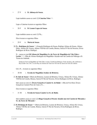 21 jun 2015 Descendentes de Dom Rodrigo Diaz de Bivar El Cid Página 7
+ 27 F ii. D. Aldonça de Souza.
Lopo também casou-se com1 (2) Catarina Teles119,120
.
Lopo e Catarina tiveram os seguintes filhos:
+ 28 F iii. D. Leonor Lopes de Souza.
Lopo também casou-se com1 (3) N....
Eles tiveram os seguintes filhos
+ 29 F iv. Maria de Souza.
20.N... Rodrigues de Souza121,122
(Gonçalo Rodrigues de Souza, Rodrigo Afonso de Souza, Afonso
Dinis, Afonso III, Urraca, Afonso VIII Rei de Castela, Branca, Garcia IV Rei de Navarra, Elvira
Rodrigues de Bivar, Rodrigo).
N... casou-se com Gil Afonso de Magalhães S.r da Torre de Magalhães de Vila Chão e
Larim123,124,125
, filho de Afonso Rodrigues de Magalhães Alcaide-mor de Castelo de Nóbrega e D.
Teresa de Andrade.
Senhor da Torre de Magalhães de Villa Chão e Larim, Castello de Nóbrega e Fonte Arcada q. lhe confirmou o
Rey D.João I em 1387, o m.mo Rey em Zamora de Touro em 1425 lhe fez merce da Torre de Lindozo.
Gil e N... tiveram os seguintes filhos:
+ 30 M i. Fernão de Magalhães Senhor de Briteiros.
21.D. Inês de Souza126
(Maria de Briteiros, Leonor de Briteiros, Urraca, Afonso III, Urraca, Afonso
VIII Rei de Castela, Branca, Garcia IV Rei de Navarra, Elvira Rodrigues de Bivar, Rodrigo).
Inês casou-se com (1) Álvaro Gonçalves Camelo Sr. de Baião127
, filho de Frei Dom Álvaro
Gonçalves Camelo Prior do Crato e N....
Eles tiveram os seguintes filhos
+ 31 M i. Fernão de Souza Camelo 3.o Sr. de Baião.
Inês também casou-se com1 (2) Diogo Gonçalves Peixoto Alcaide-mor do Castelo de Miranda e
Sr. da Torre de Miranda128
.
22.D. Briolanja de Souza129,130
(Maria de Briteiros, Leonor de Briteiros, Urraca, Afonso III, Urraca,
Afonso VIII Rei de Castela, Branca, Garcia IV Rei de Navarra, Elvira Rodrigues de Bivar,
Rodrigo).
 
