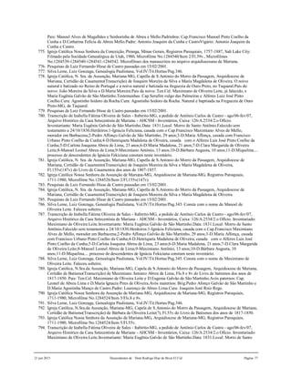 21 jun 2015 Descendentes de Dom Rodrigo Diaz de Bivar El Cid Página 77
Pais: Manoel Alves de Magalhães e Senhorinha de Abreu e Mello.Padrinhos: Cap.Francisco Manoel Pinto Coelho da
Cunha e D.Catharina Felícia de Abreu Mello.Padre: Antonio Joaquim da Cunha e CastroVigário: Antonio Joaquim da
Cunha e Castro.
775. Igreja Católica Nossa Senhora da Conceição, Piranga, Minas Gerais, Registros Paroquiais, 1757-1887, Salt Lake City:
Filmado pela Socidade Genealógica de Utah, 1980, Microfilme No.1284540/Item 2/Fl.39v., Microfilmes
No.1284539-1284540-1284541-1284542. Microfilmes dos manuscritos no arquivo arquidiocesano de Mariana.
776. Pesquisas de Luiz Fernando Hisse de Castro passadas em 15/02/2001.
777. Silva Leme, Luiz Gonzaga, Genealogia Paulistana, Vol.IV/Tit.Hortas/Pag.346.
778. Igreja Católica, N. Sra. da Assunção, Mariana-MG, Capella de S.Antonio do Morro da Passagem, Arquidiocese de
Mariana, Certidão de Casamento(Transcrição) de Joaquim Moreira da Silva e Maria Magdalena de Oliveira. O noivo
natural e batizado no Reino de Portugal e a noiva natural e batizada na freguezia de Ouro Preto, no Taquaral.Pais do
noivo: João Moreira da Silva e D.Maria Moreira.Pais da noiva: Ten.Cel. Maximiano de Oliveira Leite, já falecido, e
Maria Eugênia Galvão de São Martinho.Testemunhas: Cap.Serafim vulgo das Palmeiras e Alferes Luiz José Pinto
Coelho.Cura: Agostinho Isidoro da Rocha.Cura: Agostinho Isidoro da Rocha. Natural e baptisada na Freguezia de Ouro
Preto-MG, de Taquaral.
779. Pesquisas de Luiz Fernando Hisse de Castro passadas em 15/02/2001.
780. Transcrição de Izabella Fátima Oliveira de Sales - Itabirito-MG, a pedido de Antônio Carlos de Castro - ago/06-fev/07,
Arquivo Histórico da Casa Setecentista de Mariana - AHCSM - Inventários, Caixa: 126/A:2534/2.o Ofício.
Inventariante: Maria Eugênia Galvão de São Martinho.Data: 1831.Local: Morro de Santo Antônio.Falecido sem
testamento a 24/10/1830.Herdeiros:1-Ignácia Feliciana, casada com o Cap.Francisco Maximiano Alves de Mello,
morador em Barbacena;2-Pedro Affonço Galvão de São Martinho, 29 anos;3-D.Maria Affonça, casada com Francisco
Urbano Pinto Coelho da Cunha;4-D.Henriqueta Madalena de Oliveira, casada com o Alferes Luis José Pinto Coelho da
Cunha;5-D.Carlota Joaquina Abreu de Lima, 23 anos;6-D.Maria Madalena, 21 anos;7-D.Clara Margarida de Oliveira
Leite;8-Manoel Leonel Abreu de Lima;9-Maximiano Antônio, 13 anos;10-D.Bárbara Augusta, 10 anos;11-D.Miquelina....
processo de descendentes de Ignácia Fekiciana constam neste inventário.
781. Igreja Católica, N. Sra. da Assunção, Mariana-MG, Capella de S.Antonio do Morro da Passagem, Arquidiocese de
Mariana, Certidão de Casamento(Transcrição) de Joaquim Moreira da Silva e Maria Magdalena de Oliveira,
Fl.155v(147v) do Livro de Casamentos dos anos de 1807-1857.
782. Igreja Católica Nossa Senhora da Assunção de Mariana-MG, Arquidiocese de Mariana-MG, Registros Paroquiais,
1711-1980, Microfilme No.1284526/Item 2/Fl.155v(147v).
783. Pesquisas de Luiz Fernando Hisse de Castro passadas em 15/02/2001.
784. Igreja Católica, N. Sra. da Assunção, Mariana-MG, Capella de S.Antonio do Morro da Passagem, Arquidiocese de
Mariana, Certidão de Casamento(Transcrição) de Joaquim Moreira da Silva e Maria Magdalena de Oliveira.
785. Pesquisas de Luiz Fernando Hisse de Castro passadas em 15/02/2001.
786. Silva Leme, Luiz Gonzaga, Genealogia Paulistana, Vol.IV/Tit.Hortas/Pag.345. Consta com o nome de Manoel de
Oliveira Leite. Faleceu solteiro.
787. Transcrição de Izabella Fátima Oliveira de Sales - Itabirito-MG, a pedido de Antônio Carlos de Castro - ago/06-fev/07,
Arquivo Histórico da Casa Setecentista de Mariana - AHCSM - Inventários, Caixa: 126/A:2534/2.o Ofício. Inventariado:
Maximiano de Oliveira Leite.Inventariante: Maria Eugênia Galvão de São Martinho.Data: 1831.Local: Morro de Santo
Antônio.Falecido sem testamento a 24/10/1830.Herdeiros:1-Ignácia Feliciana, casada com o Cap.Francisco Maximiano
Alves de Mello, morador em Barbacena;2-Pedro Affonço Galvão de São Martinho, 29 anos;3-D.Maria Affonça, casada
com Francisco Urbano Pinto Coelho da Cunha;4-D.Henriqueta Madalena de Oliveira, casada com o Alferes Luis José
Pinto Coelho da Cunha;5-D.Carlota Joaquina Abreu de Lima, 23 anos;6-D.Maria Madalena, 21 anos;7-D.Clara Margarida
de Oliveira Leite;8-Manoel Leonel Abreu de Lima;9-Maximiano Antônio, 13 anos;10-D.Bárbara Augusta, 10
anos;11-D.Miquelina.... processo de descendentes de Ignácia Fekiciana constam neste inventário.
788. Silva Leme, Luiz Gonzaga, Genealogia Paulistana, Vol.IV/Tit.Hortas/Pag.345. Consta com o nome de Maximiano de
Oliveira Leite. Faleceu solteiro.
789. Igreja Católica, N.Sra.da Assunção, Mariana-MG, Capela de S.Antonio do Morro da Passagem, Arquidiocese de Mariana,
Certidão de Batismo(Transcrição) de Maximiano Antonio Abreu de Lima, Fls.8 e 8v do Livro de batismos dos anos de
1817-1850. Pais: Ten.Cel. Maximiano de Oliveira Leite e D.Eugenia Galvão de São Martinho.Avós paternos: Cap.
Leonel de Abreu Lima e D.Maria Ignacia Pires de Oliveira.Avós maternos: Brig.Pedro Afonço Galvão de São Martinho e
D.Maria Agostinha Manço de Castro.Padre: Lourenço de Abreo Lima.Cura: Joaquim Jozé Roiz Rego.
790. Igreja Católica Nossa Senhora da Assunção de Mariana-MG, Arquidiocese de Mariana-MG, Registros Paroquiais,
1711-1980, Microfilme No.1284524/Item 5/Fls.8 e 8v.
791. Silva Leme, Luiz Gonzaga, Genealogia Paulistana, Vol.IV/Tit.Hortas/Pag.346.
792. Igreja Católica, N.Sra.da Assunção, Mariana-MG, Capela de S.Antonio do Morro da Passagem, Arquidiocese de Mariana,
Certidão de Batismo(Transcrição) de Bárbara de Oliveira Leite(?), Fl.55v do Livro de Batismos dos anos de 1817-1850.
793. Igreja Católica Nossa Senhora da Assunção de Mariana-MG, Arquidiocese de Mariana-MG, Registros Paroquiais,
1711-1980, Microfilme No.1284524/Item 5/Fl.55v.
794. Transcrição de Izabella Fátima Oliveira de Sales - Itabirito-MG, a pedido de Antônio Carlos de Castro - ago/06-fev/07,
Arquivo Histórico da Casa Setecentista de Mariana - AHCSM - Inventários, Caixa: 126/A:2534/2.o Ofício. Inventariado:
Maximiano de Oliveira Leite.Inventariante: Maria Eugênia Galvão de São Martinho.Data: 1831.Local: Morro de Santo
 