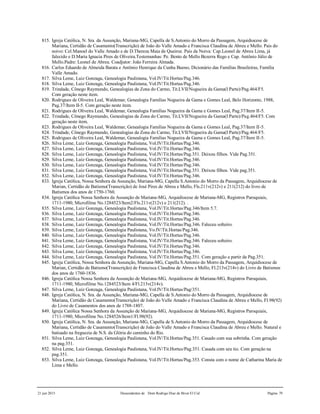 21 jun 2015 Descendentes de Dom Rodrigo Diaz de Bivar El Cid Página 79
815. Igreja Católica, N. Sra. da Assunção, Mariana-MG, Capella de S.Antonio do Morro da Passagem, Arquidiocese de
Mariana, Certidão de Casamento(Transcrição) de João do Valle Amado e Francisca Claudina de Abreu e Mello. Pais do
noivo: Cel.Manoel do Valle Amado e de D.Thereza Maia de Queiroz. Pais da Noiva: Cap.Leonel de Abreu Lima, já
falecido e D.Maria Ignacia Pires de Oliveira.Testemunhas: Pe. Bento de Mello Bezerra Rego e Cap. Antônio Júlio de
Mello.Padre: Leonel de Abreu. Coadjutor: João Ferreira Almada.
816. Carlos Eduardo de Almeida Barata e Antônio Henrique da Cunha Bueno, Dicionário das Famílias Brasileiras, Família
Valle Amado.
817. Silva Leme, Luiz Gonzaga, Genealogia Paulistana, Vol.IV/Tit.Hortas/Pag.346.
818. Silva Leme, Luiz Gonzaga, Genealogia Paulistana, Vol.IV/Tit.Hortas/Pag.346.
819. Trindade, Cônego Raymundo, Genealogias da Zona do Carmo, Tit.LVII/Nogueira da Gama(I Parte)/Pag.464/F5.
Com geração neste item.
820. Rodrigues de Oliveira Leal, Waldemar, Genealogia Familias Nogueira da Gama e Gomes Leal, Belo Horizonte, 1988,
Pag.37/Item II-5. Com geração neste item.
821. Rodrigues de Oliveira Leal, Waldemar, Genealogia Familias Nogueira da Gama e Gomes Leal, Pag.37/Item II-5.
822. Trindade, Cônego Raymundo, Genealogias da Zona do Carmo, Tit.LVII/Nogueira da Gama(I Parte)/Pag.464/F5. Com
geração neste item.
823. Rodrigues de Oliveira Leal, Waldemar, Genealogia Familias Nogueira da Gama e Gomes Leal, Pag.37/Item II-5.
824. Trindade, Cônego Raymundo, Genealogias da Zona do Carmo, Tit.LVII/Nogueira da Gama(I Parte)/Pag.464/F5.
825. Rodrigues de Oliveira Leal, Waldemar, Genealogia Familias Nogueira da Gama e Gomes Leal, Pag.37/Item II-5.
826. Silva Leme, Luiz Gonzaga, Genealogia Paulistana, Vol.IV/Tit.Hortas/Pag.346.
827. Silva Leme, Luiz Gonzaga, Genealogia Paulistana, Vol.IV/Tit.Hortas/Pag.346.
828. Silva Leme, Luiz Gonzaga, Genealogia Paulistana, Vol.IV/Tit.Hortas/Pag.351. Deixou filhos. Vide Pag.351.
829. Silva Leme, Luiz Gonzaga, Genealogia Paulistana, Vol.IV/Tit.Hortas/Pag.346.
830. Silva Leme, Luiz Gonzaga, Genealogia Paulistana, Vol.IV/Tit.Hortas/Pag.346.
831. Silva Leme, Luiz Gonzaga, Genealogia Paulistana, Vol.IV/Tit.Hortas/Pag.351. Deixou filhos. Vide pag.351.
832. Silva Leme, Luiz Gonzaga, Genealogia Paulistana, Vol.IV/Tit.Hortas/Pag.346.
833. Igreja Católica, Nossa Senhora da Assunção, Mariana-MG, Capella S.Antonio do Morro da Passagem, Arquidiocese de
Marian, Certidão de Batismo(Transcrição) de José Pires de Abreu e Mello, Fls.211v(212v) e 211(212) do livro de
Batismos dos anos de 1750-1760.
834. Igreja Católica Nossa Senhora da Assunção de Mariana-MG, Arquidiocese de Mariana-MG, Registros Paroquiais,
1711-1980, Microfilme No.1284523/Item2/Fls.211v(212v) e 211(212). .
835. Silva Leme, Luiz Gonzaga, Genealogia Paulistana, Vol.IV/Tit.Hortas/Pag.346/Item 5.7.
836. Silva Leme, Luiz Gonzaga, Genealogia Paulistana, Vol.IV/Tit.Hortas/Pag.346.
837. Silva Leme, Luiz Gonzaga, Genealogia Paulistana, Vol.IV/Tit.Hortas/Pag.346.
838. Silva Leme, Luiz Gonzaga, Genealogia Paulistana, Vol.IV/Tit.Hortas/Pag.346. Faleceu solteiro.
839. Silva Leme, Luiz Gonzaga, Genealogia Paulistana, Vo.IV/Tit.Hortas/Pag.346.
840. Silva Leme, Luiz Gonzaga, Genealogia Paulistana, Vol.IV/Tit.Hortas/Pag.346.
841. Silva Leme, Luiz Gonzaga, Genealogia Paulistana, Vol.IV/Tit.Hortas/Pag.346. Faleceu solteiro.
842. Silva Leme, Luiz Gonzaga, Genealogia Paulistana, Vol.IV/Tit.Hortas/Pag.346.
843. Silva Leme, Luiz Gonzaga, Genealogia Paulistana, Vol.IV/Tit.Hortas/Pag.346.
844. Silva Leme, Luiz Gonzaga, Genealogia Paulistana, Vol.IV/Tit.Hortas/Pag.351. Com geração a partir da Pag.351.
845. Igreja Católica, Nossa Senhora da Assunção, Mariana-MG, Capella S.Antonio do Morro da Passagem, Arquidiocese de
Marian, Certidão de Batismo(Transcrição) de Francisca Claudina de Abreu e Mello, Fl.213v(214v) do Livro de Batismos
dos anos de 1760-1836.
846. Igreja Católica Nossa Senhora da Assunção de Mariana-MG, Arquidiocese de Mariana-MG, Registros Paroquiais,
1711-1980, Microfilme No.1284523/Item 4/Fl.213v(214v).
847. Silva Leme, Luiz Gonzaga, Genealogia Paulistana, Vol.IV/Tit.Hortas/Pag/351.
848. Igreja Católica, N. Sra. da Assunção, Mariana-MG, Capella de S.Antonio do Morro da Passagem, Arquidiocese de
Mariana, Certidão de Casamento(Transcrição) de João do Valle Amado e Francisca Claudina de Abreu e Mello, Fl.98(92)
do Livro de Casamentos dos anos de 1788-1807.
849. Igreja Católica Nossa Senhora da Assunção de Mariana-MG, Arquidiocese de Mariana-MG, Registros Paroquiais,
1711-1980, Microfilme No.1284526/Item1/Fl.98(92).
850. Igreja Católica, N. Sra. da Assunção, Mariana-MG, Capella de S.Antonio do Morro da Passagem, Arquidiocese de
Mariana, Certidão de Casamento(Transcrição) de João do Valle Amado e Francisca Claudina de Abreu e Mello. Natural e
batisado na freguezia de N.S. da Glória do caminho do Rio.
851. Silva Leme, Luiz Gonzaga, Genealogia Paulistana, Vol.IV/Tit.Hortas/Pag.351. Casado com sua sobrinha. Com geração
na pag.351.
852. Silva Leme, Luiz Gonzaga, Genealogia Paulistana, Vol.IV/Tit.Hortas/Pag.351. Casada com seu tio. Com geração na
pag.351.
853. Silva Leme, Luiz Gonzaga, Genealogia Paulistana, Vol.IV/Tit.Hortas/Pag.353. Consta com o nome de Catharina Maria de
Lima e Mello.
 