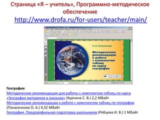 Страница «Я – учитель», Программно-методическое
                     обеспечение
    http://www.drofa.ru/for-users/teacher/main/




География
Методические рекомендации для работы с комплектом таблиц по курсу
«География материков и океанов» (Курчина С. В.) 2,2 Мбайт
Методические рекомендации к работе с комплектом таблиц по географии
(Панасенкова О. А.) 4,32 Мбайт
География. Предпрофильная подготовка школьников (Рябцева И. В.) 1 Мбайт
 