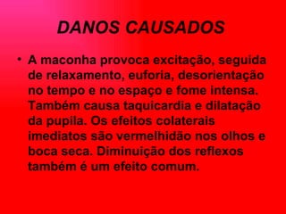 DANOS CAUSADOS   A maconha provoca excitação, seguida de relaxamento, euforia, desorientação no tempo e no espaço e fome intensa. Também causa taquicardia e dilatação da pupila. Os efeitos colaterais imediatos são vermelhidão nos olhos e boca seca. Diminuição dos reflexos também é um efeito comum.   
