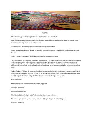 Figura1
LSD zakonishtgjendetnë rrugë në formatë ndryshme,përshembull:
Letërblotter(LSDngjyhetmbi fletë letrethithëse me modeleshumëngjyrësh;prerë në njësi të vogla
dozimi individuale) - formamë e zakonshme
Sheshe të hollë xhelatine (zakonishttë referuarasi paneledritare)
Formë tabletash(zakonishttabletatë vegjël të njohursi Microdots) ose kapsulatë lëngshme në kube
sheqeri
Formë e pastëre lëngshme (mundtë jetë jashtëzakonishte fuqishme)
LSD është një ilaçqë ndryshonmendjen.Mendohetse LSDshkaktonefekte karakteristike halucinogjene
përmesndërveprimitme receptorëtserotoninë në tru.Serotoninaështë një neurotransmetuesqë
ndihmonnë kontrolline sjelljesdhe gjendjesshpirtërore, qeverisshqisattuajadhe moderonmendimet
tuaja.
Efektetfiziketë LSDjanë të paparashikueshmengapersoni në person.Zakonisht,efektete paratë keti
ilaci kurmerrenme gojë ndjehen30 deri në 45 minutapas marrjessë tij,kulminnë 2deri në 4 orë dhe
mundtë zgjasë 12 orë ose më gjatë.Eketetqe mundte ndjehenjansi me posht:
-Hallucinacione
-Perceptimivizual i shtrembëruari formave,ngjyrave
-Tinguj të ndryshuar
-Ankthi dhe depresioni
-Flashbacks(një kthimi përvojës"udhëtim") ditëose muaj më vonë
-Ritmi i shpejtë i zemrës,rritjae temperaturëssë trupitdhe presioni i lartë i gjakut
-Pupilstë medhenj
 
