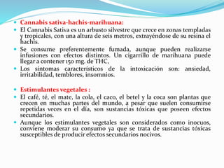  Cannabis sativa-hachis-marihuana:
 El Cannabis Sativa es un arbusto silvestre que crece en zonas templadas
y tropicales, con una altura de seis metros, extrayéndose de su resina el
hachís.
 Se consume preferentemente fumada, aunque pueden realizarse
infusiones con efectos distintos. Un cigarrillo de marihuana puede
llegar a contener 150 mg. de THC,
 Los síntomas característicos de la intoxicación son: ansiedad,
irritabilidad, temblores, insomnios.
 Estimulantes vegetales :
 El café, té, el mate, la cola, el caco, el betel y la coca son plantas que
crecen en muchas partes del mundo, a pesar que suelen consumirse
repetidas veces en el día, son sustancias tóxicas que poseen efectos
secundarios.
 Aunque los estimulantes vegetales son considerados como inocuos,
conviene moderar su consumo ya que se trata de sustancias tóxicas
susceptibles de producir efectos secundarios nocivos.
 