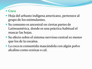  Coca
 Hoja del arbusto indígena americano, pertenece al
grupo de los estimulantes.
 Su consumo es ancestral en ciertas partes de
Latinoamérica, donde es una práctica habitual el
mascar las hojas.
 Su efecto sobre el sistema nervioso central es menor
que los de la cocaína.
 La coca es consumida mascándola con algún polvo
alcalino como cenizas o cal.
 