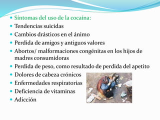  Síntomas del uso de la cocaína:
 Tendencias suicidas
 Cambios drásticos en el ánimo
 Perdida de amigos y antiguos valores
 Abortos/ malformaciones congénitas en los hijos de
madres consumidoras
 Perdida de peso, como resultado de perdida del apetito
 Dolores de cabeza crónicos
 Enfermedades respiratorias
 Deficiencia de vitaminas
 Adicción
 